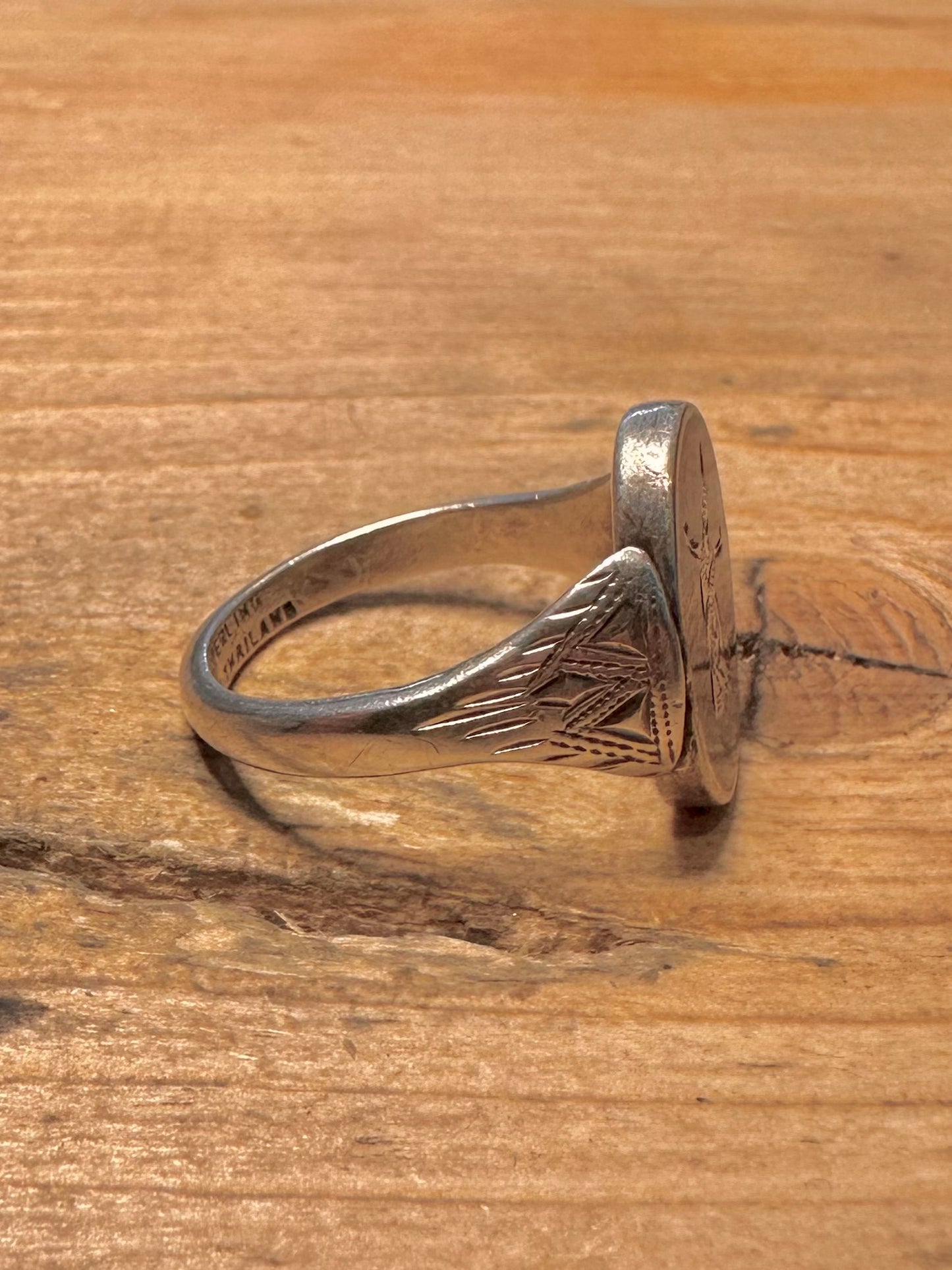 Vintage Rotating Asian Black Enamel 925 Silver Size P Ring