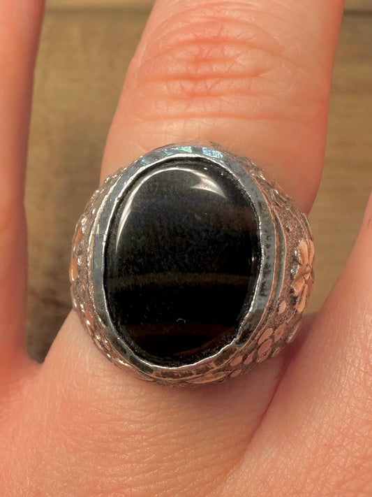 Vintage Black Agate Floral Signet 925 Silver Size N1/2 Ring