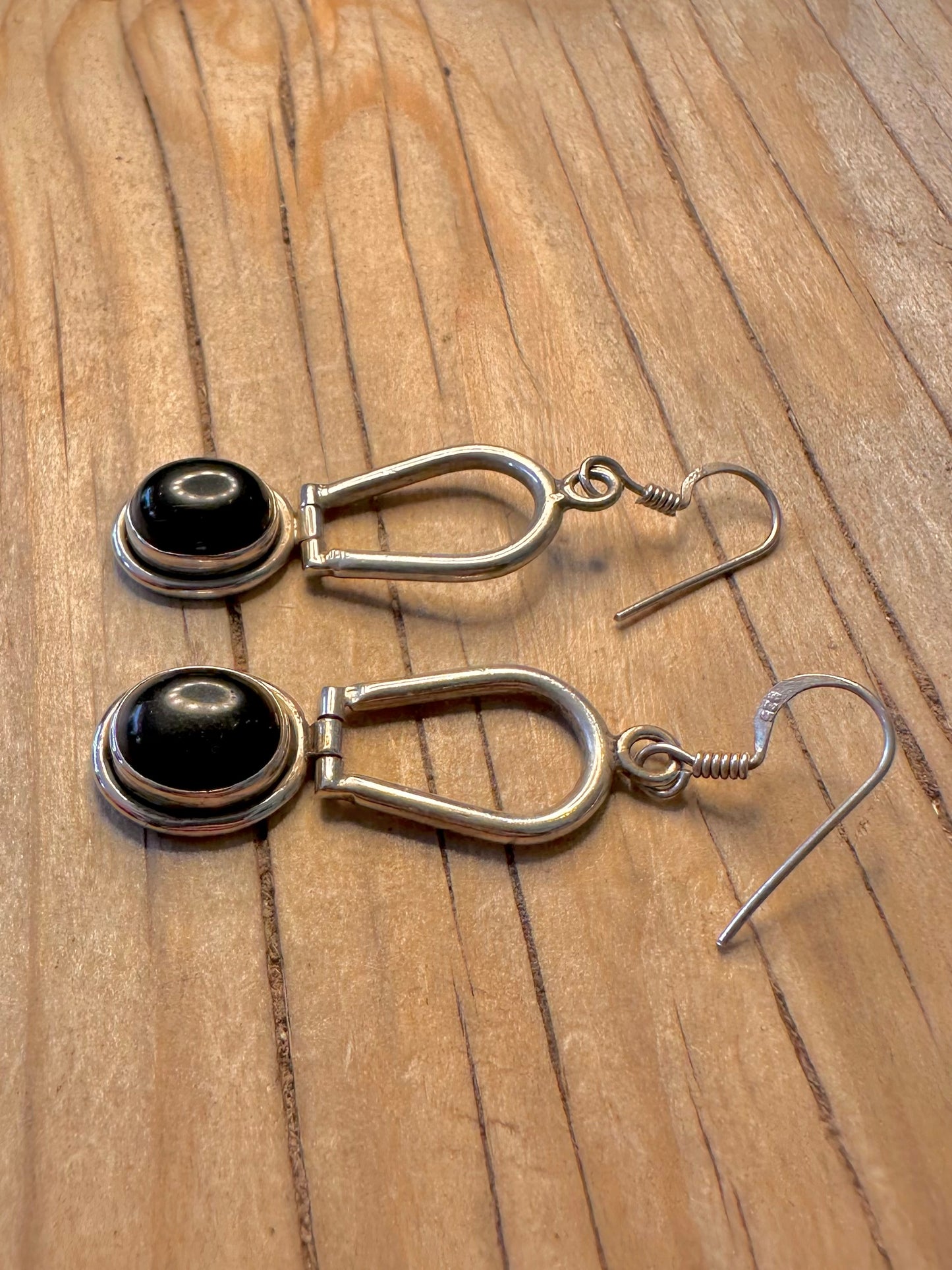 Vintage Black Stone Dangle 925 Silver Earrings