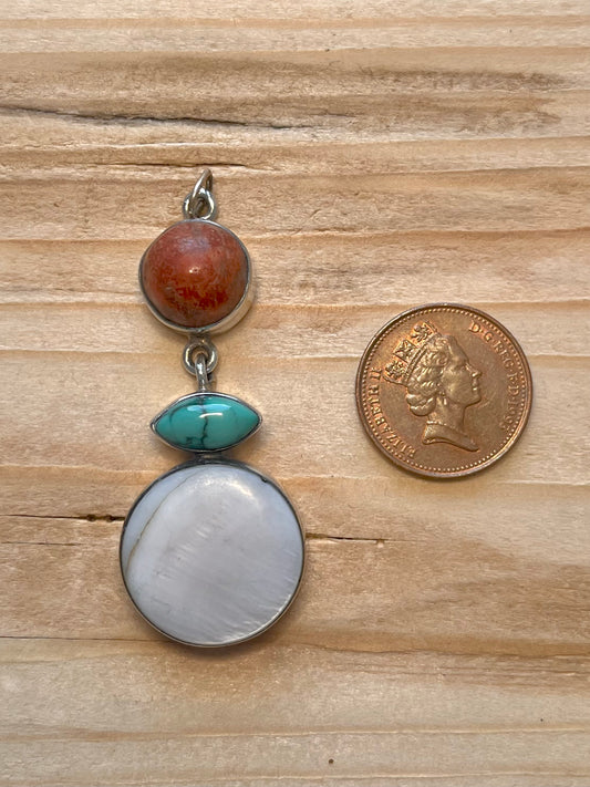 Tiered Mother of Pearl Coral Turquoise 925 Sterling Silver Pendant