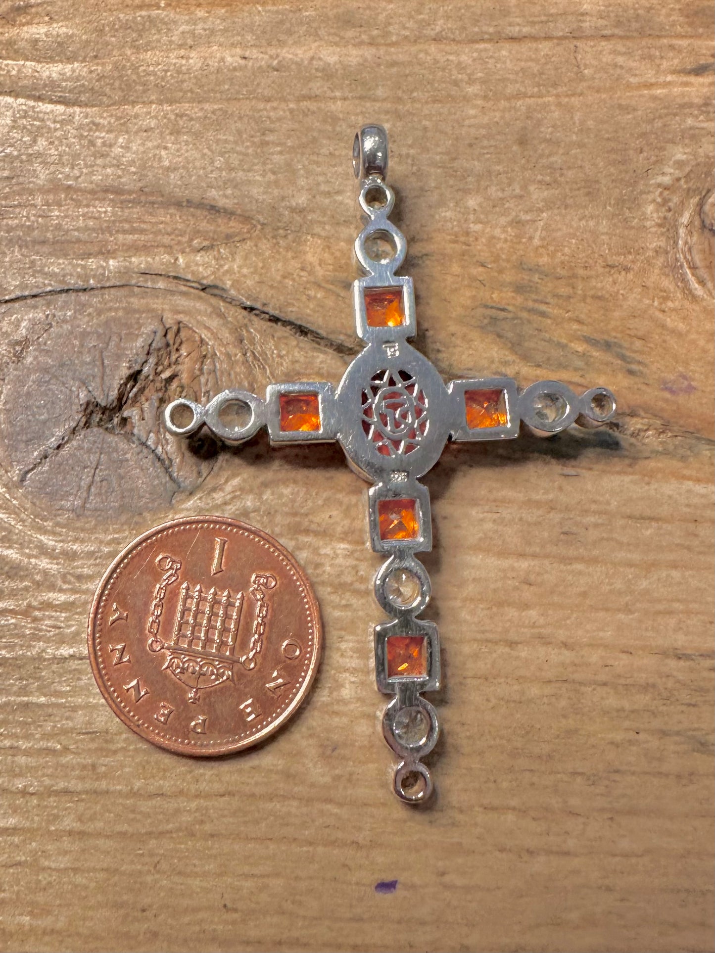 Modern Coral Orange and White CZ Cross 925 Silver Pendant