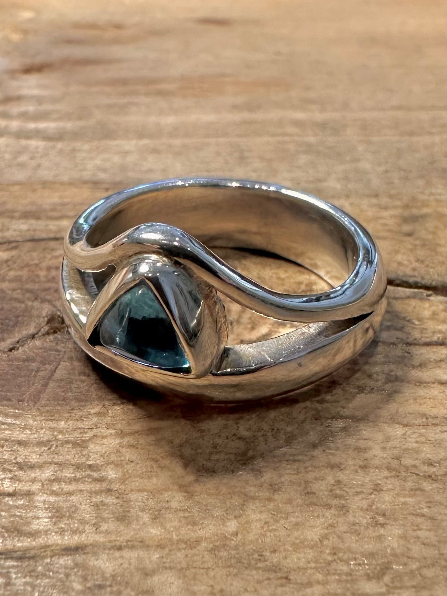 Modern Abstract Blue Triangle Stone 925 Silver Size S Ring