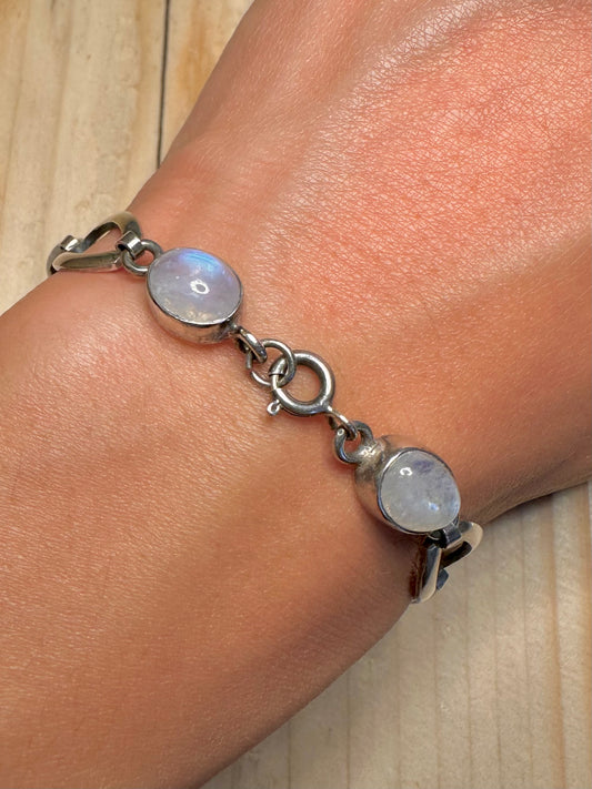 Rainbow Moonstone Oval Link 925 Sterling Silver 7.25 inch Bracelet