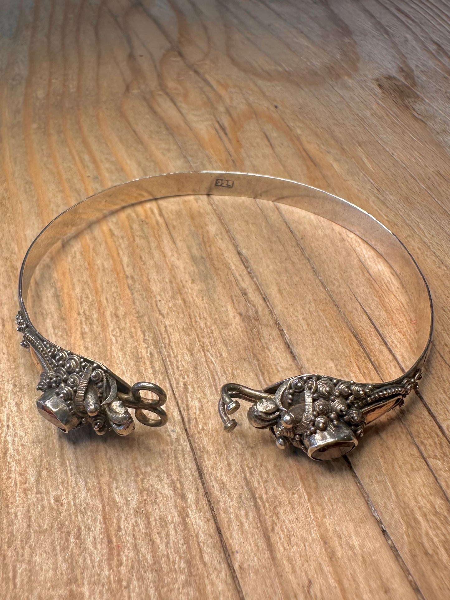 Vintage Dragon Filigree Red Stone and Gold Plate 925 Sterling Silver Bangle