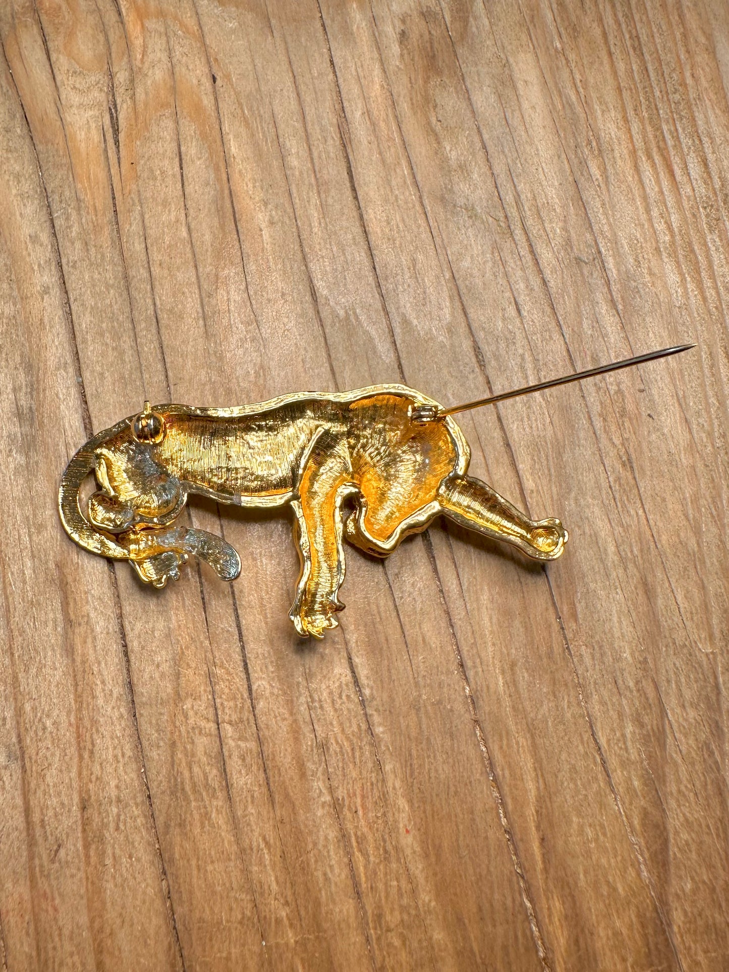 Vintage 1980s Tiger CZ White Eyes Gold Tone Costume Brooch