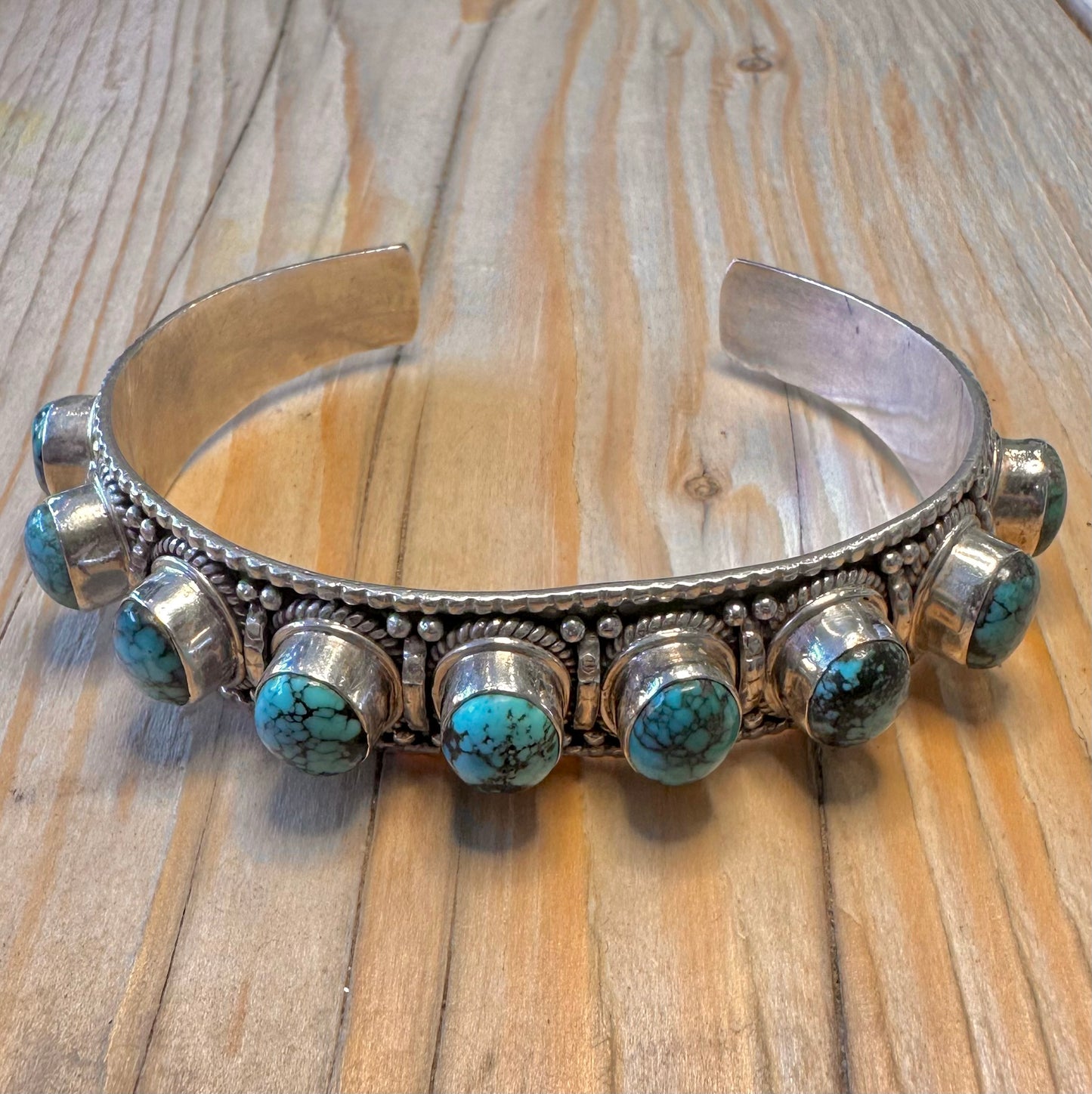 Vintage Ornate Turquoise 925 Silver Cuff Bangle