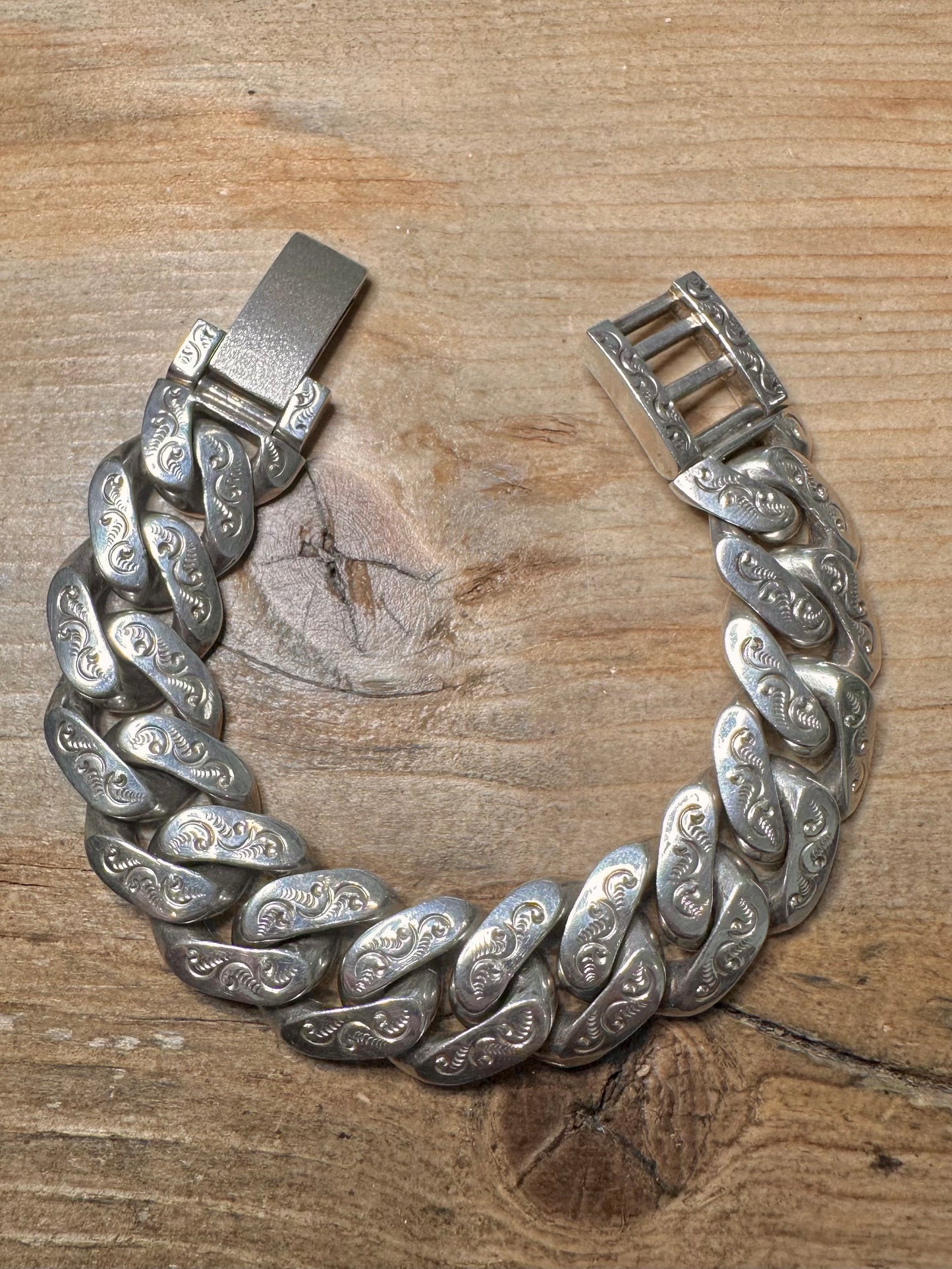 Vintage 1977 Heavy Chunky Engraved Curb Chain 925 Silver 7.5 inch Bracelet