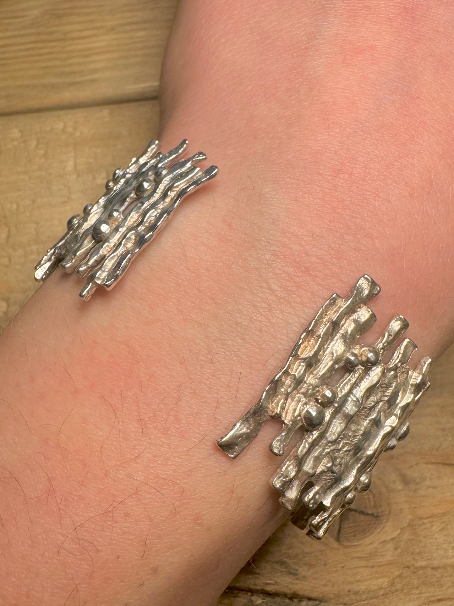 Abstract Brutalist 2007 Textured 925 Silver Cuff Bangle
