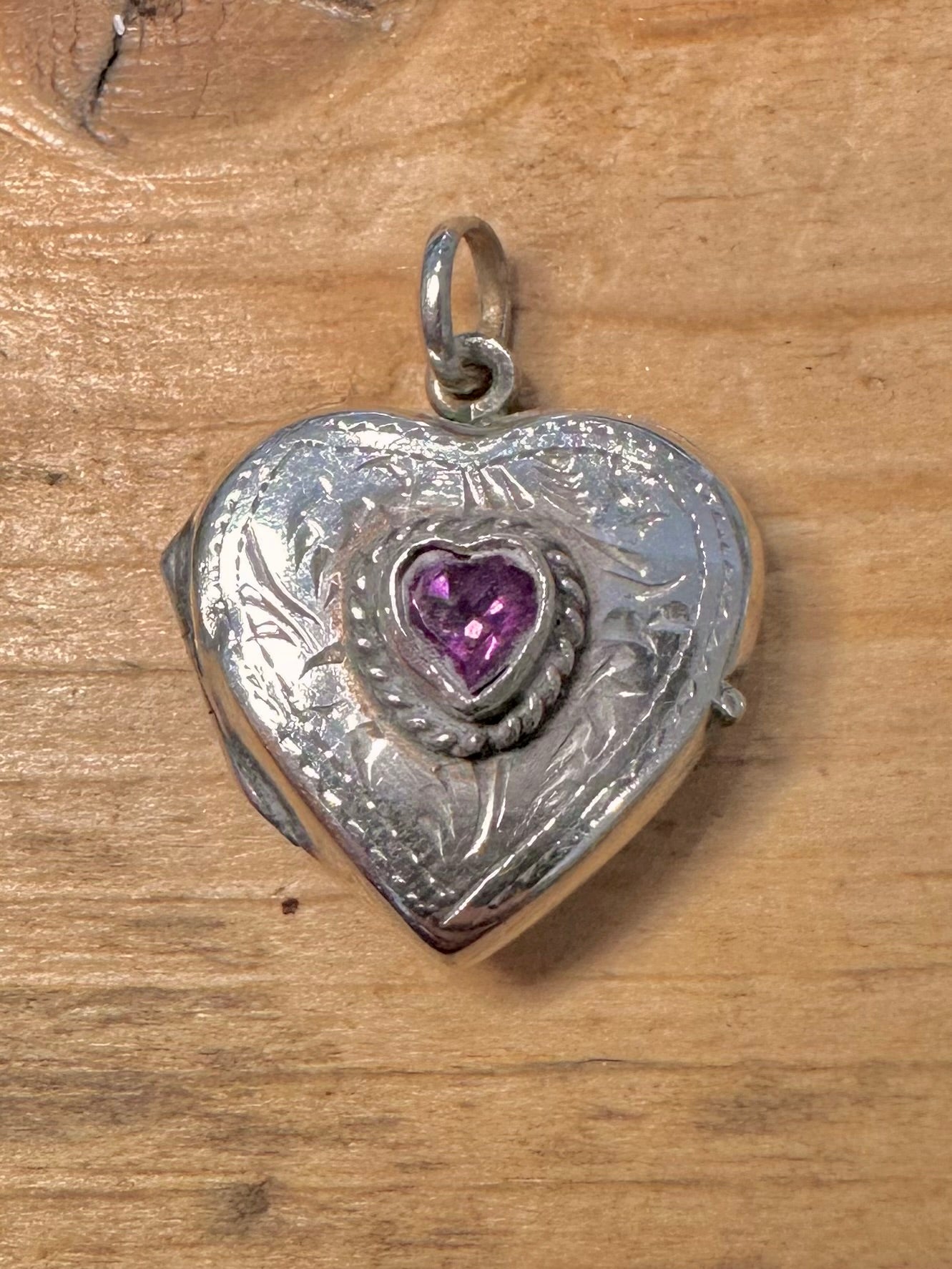 Vintage Amethyst Engraved Heart Locket 925 Silver Pendant
