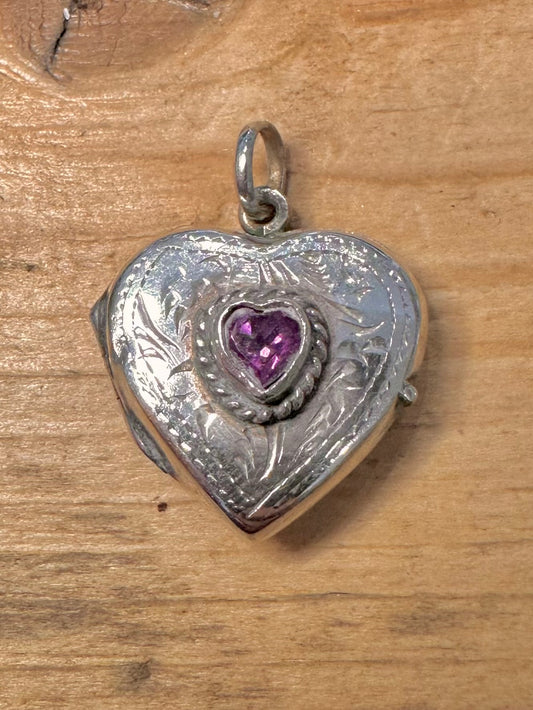Vintage Amethyst Engraved Heart Locket 925 Silver Pendant