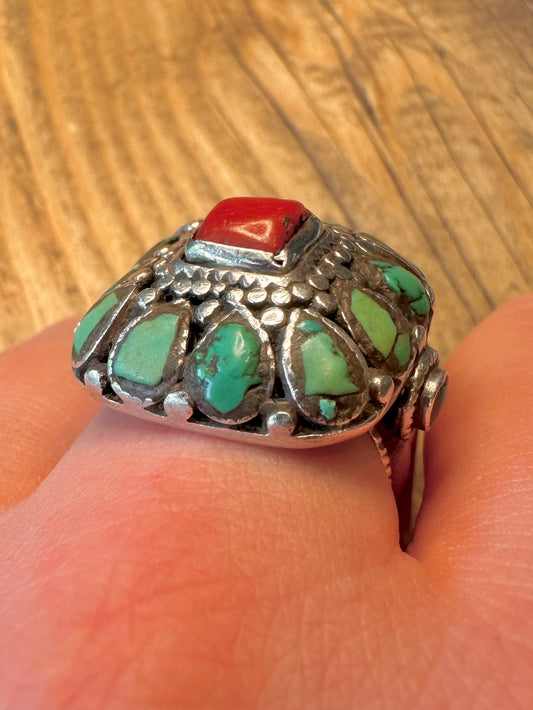Turquoise and Coral Chunky Silver Size U Ring