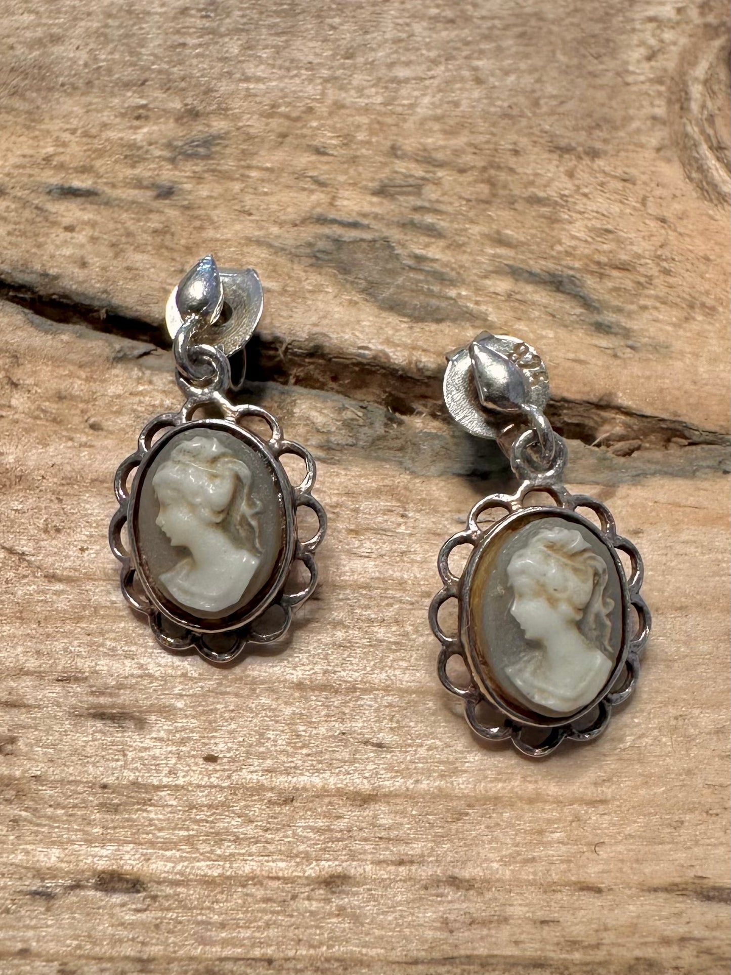 Vintage Green Cameo 925 Silver Earrings