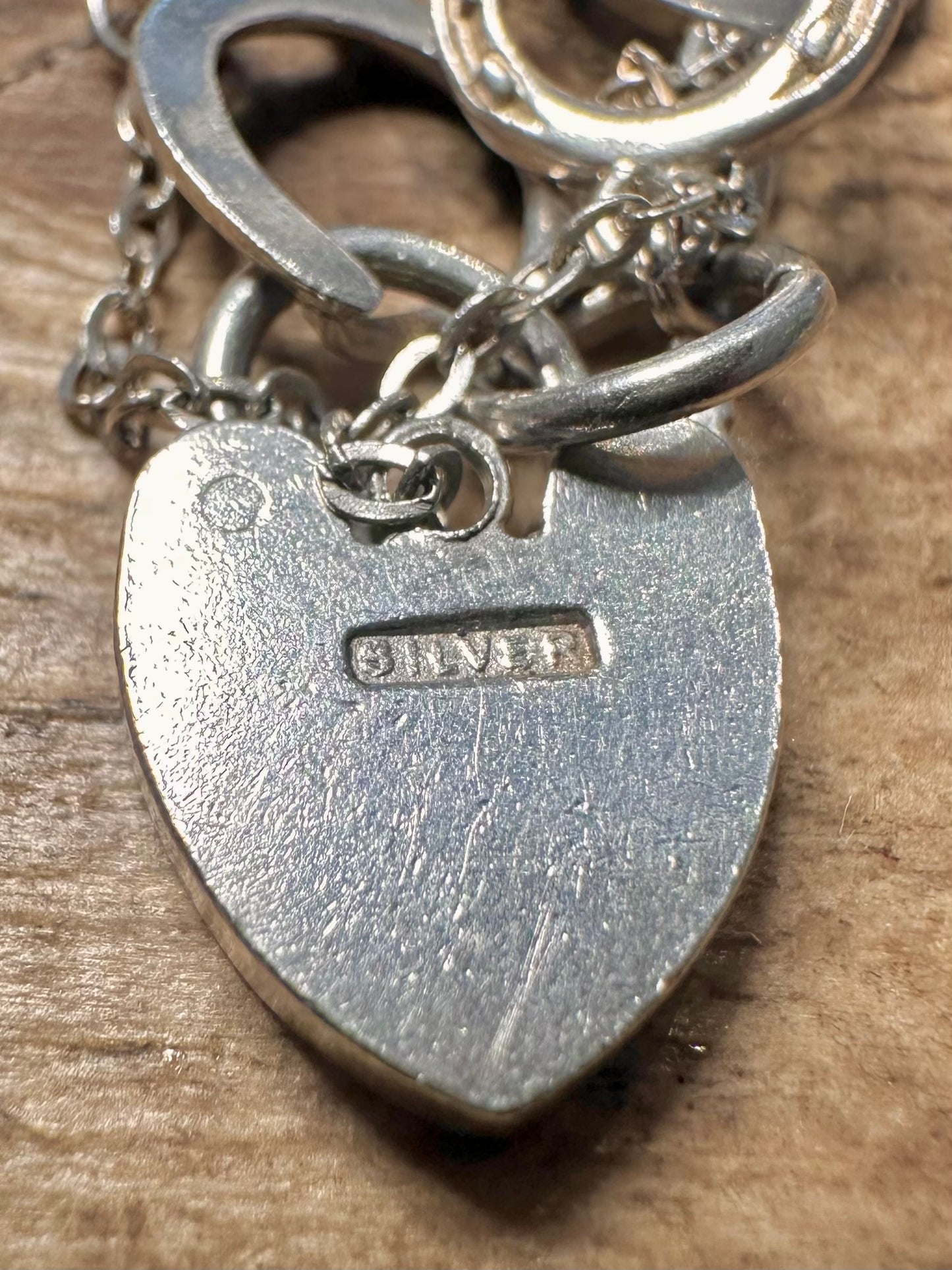 Vintage Horseshoe Equestrian Link Heart Padlock with Safety Chain 925 Silver Bracelet