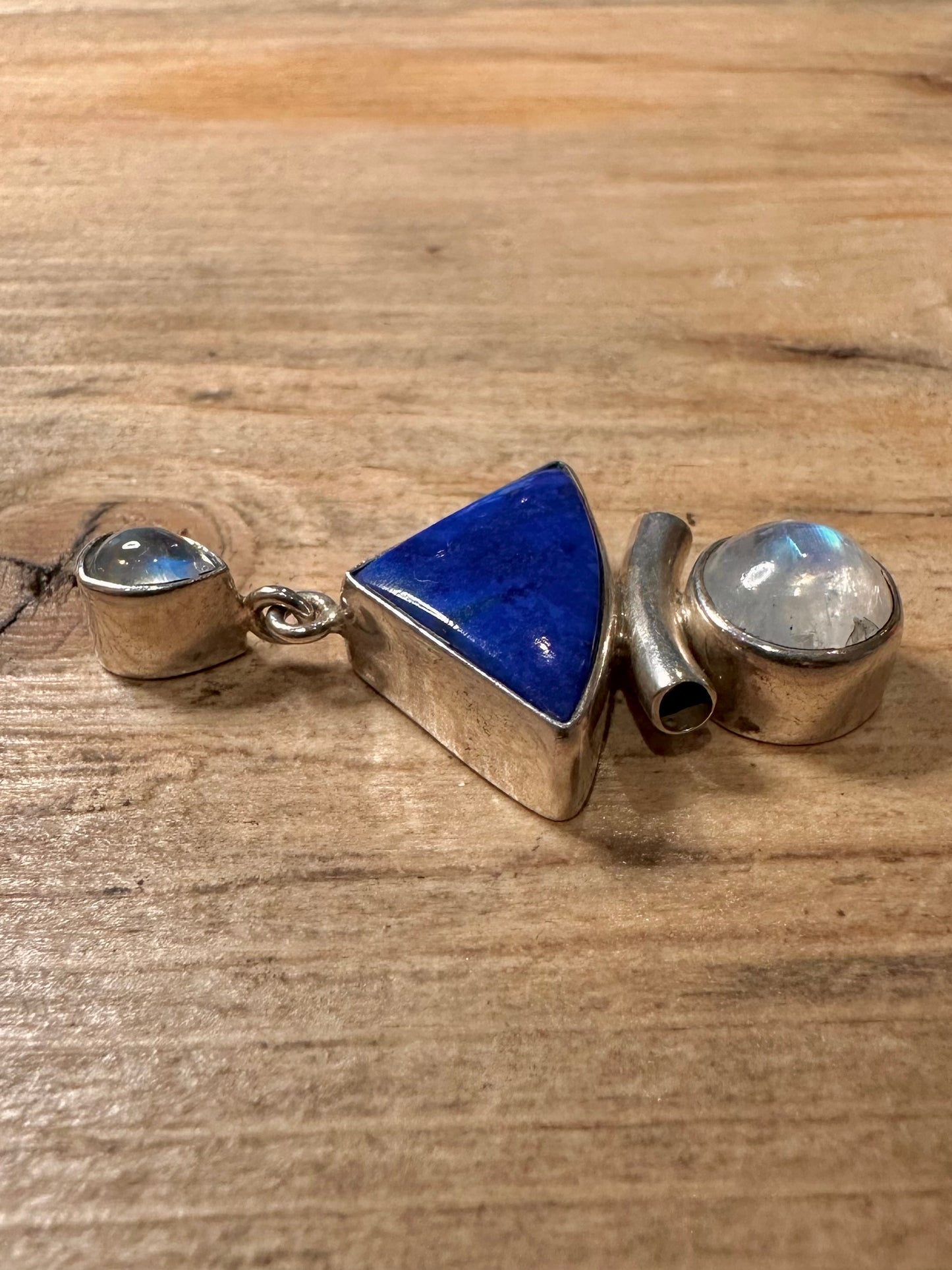 Modern Lapis and Moonstone Abstract 925 Silver Pendant