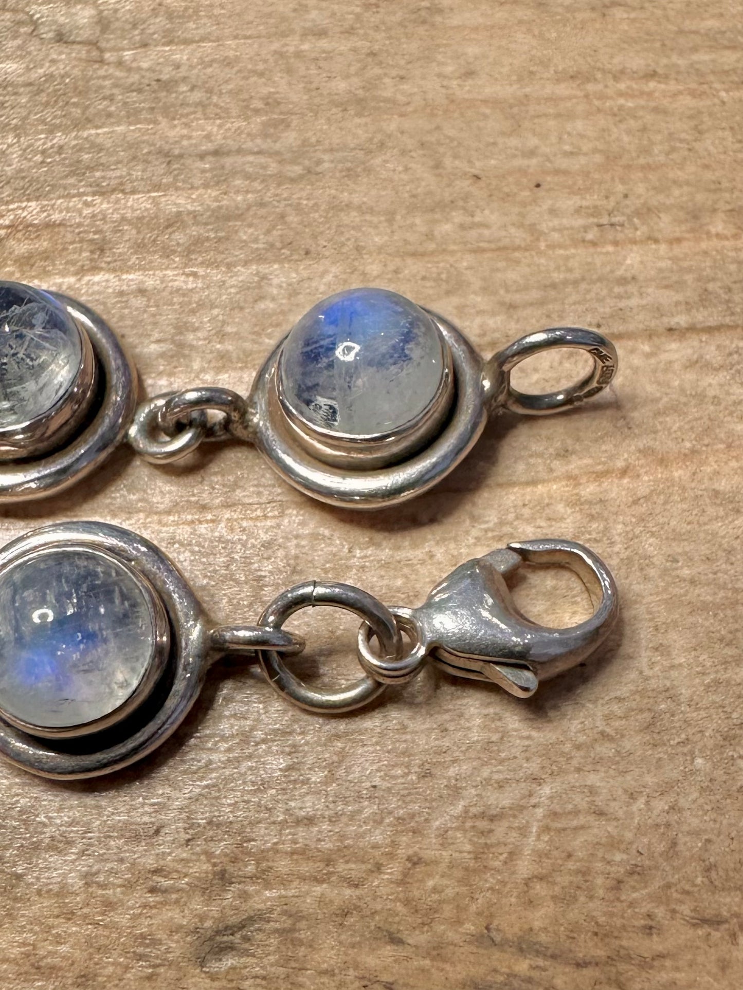 Vintage Moonstone Circle Link 925 Silver 7.3 inch Bracelet