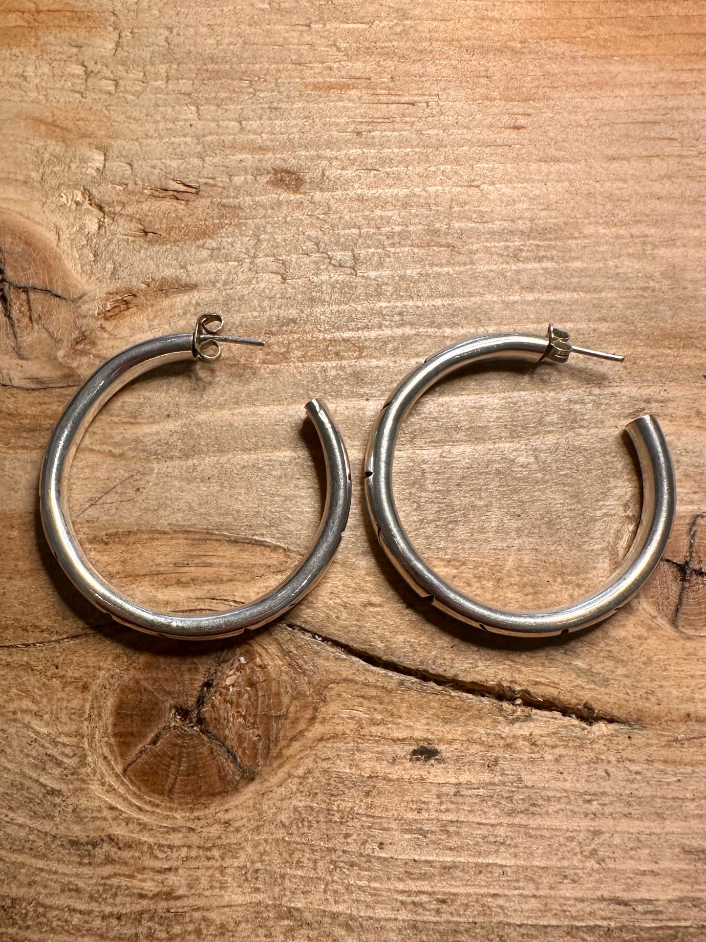 Vintage Large Chunky Engraved Hoops 925 Silver Earrings
