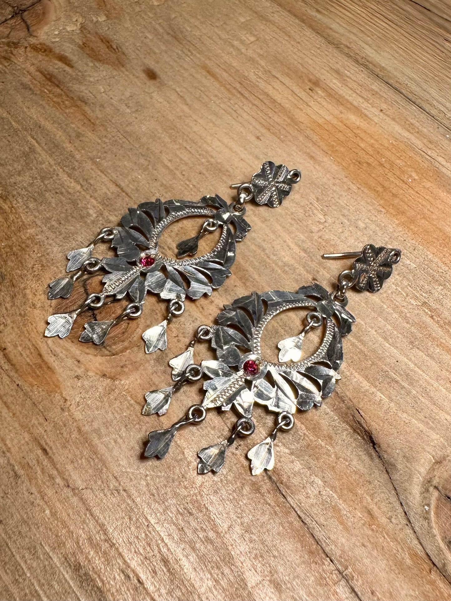 Vintage Large Ornate Red Stone 925 Silver Earrings