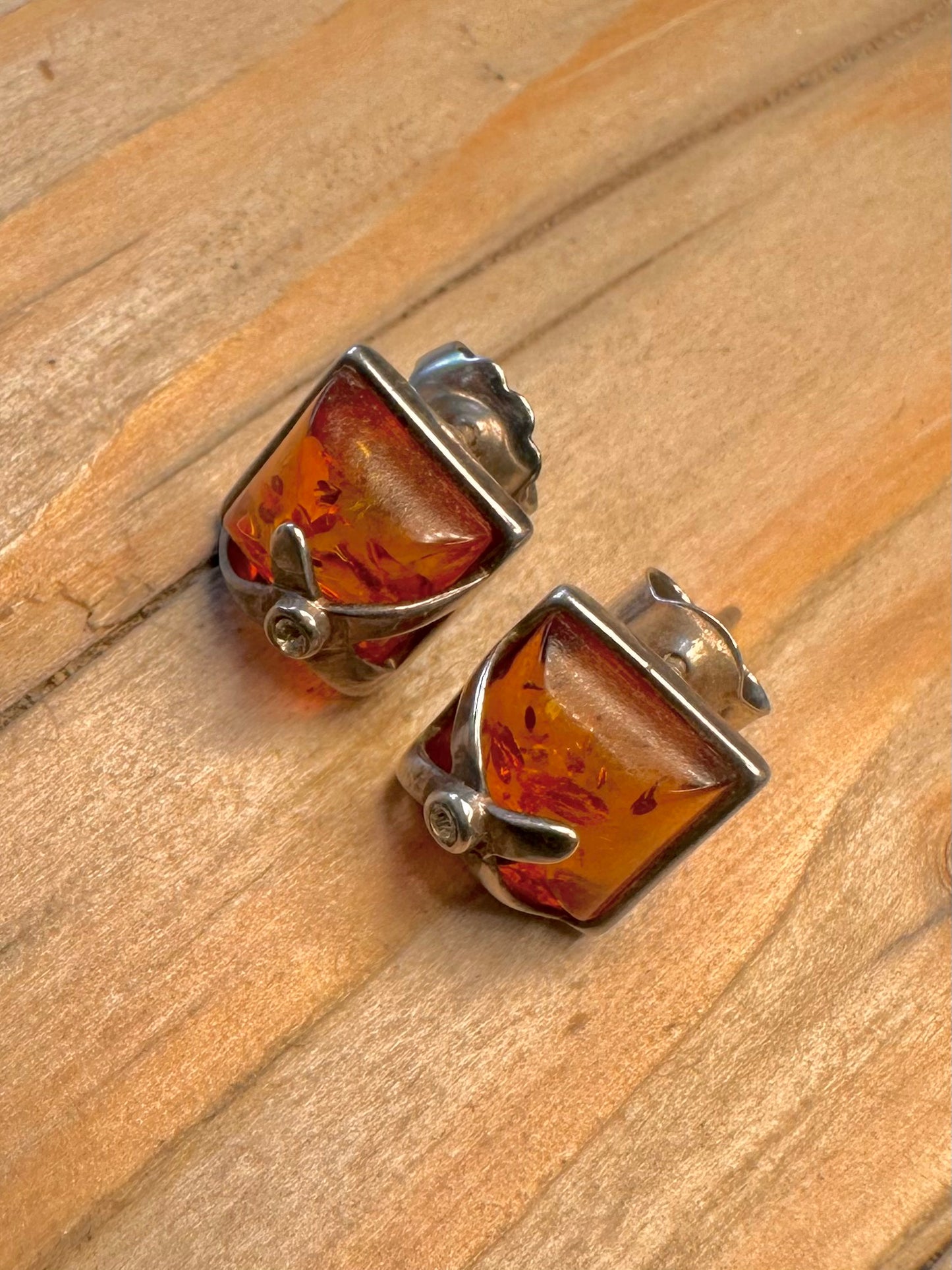 Vintage Square Amber White Stone 925 Sterling Silver Stud Earrings