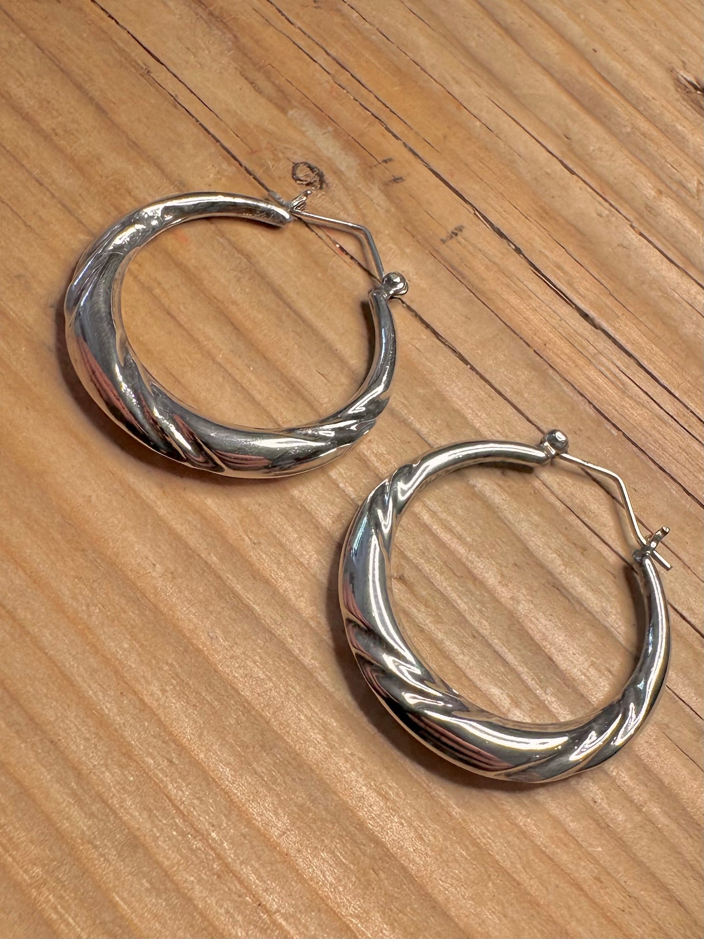 Vintage Textured Lined Twisted Hoops 925 Sterling Silver Earrings