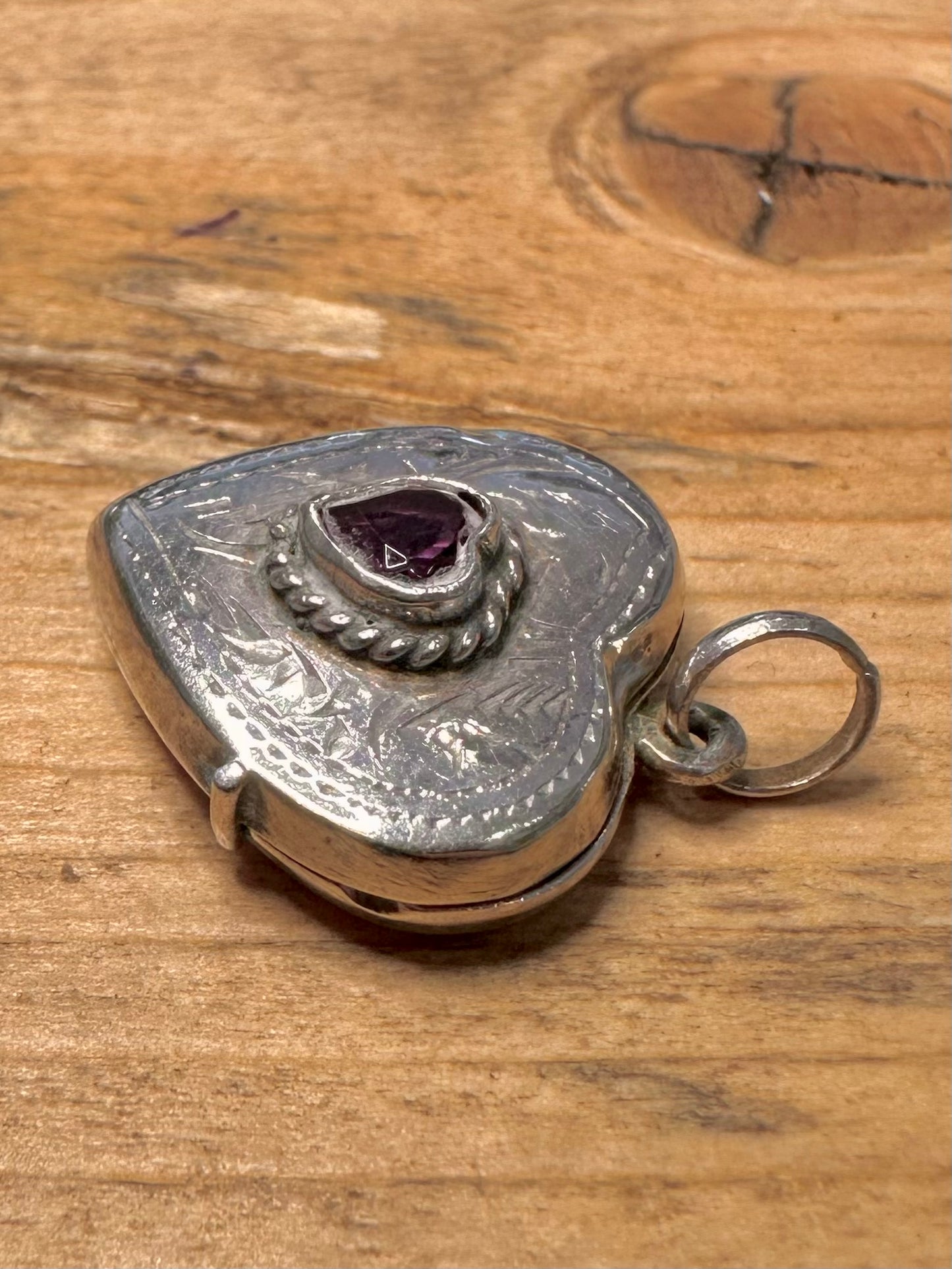 Vintage Amethyst Engraved Heart Locket 925 Silver Pendant