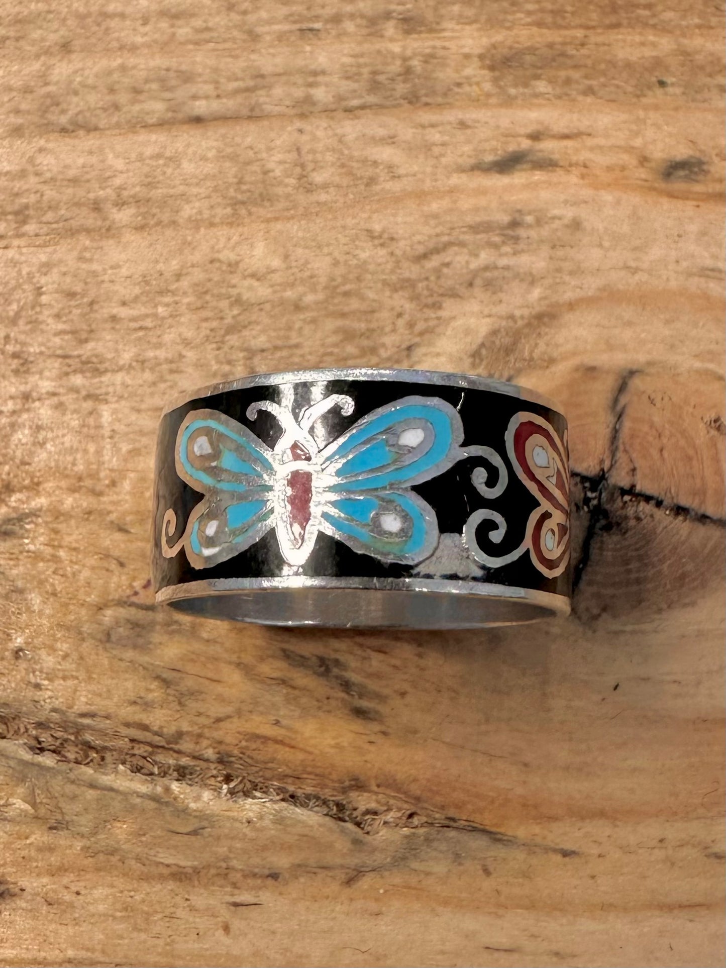 Vintage Enamel Butterfly 925 Silver Size R Ring