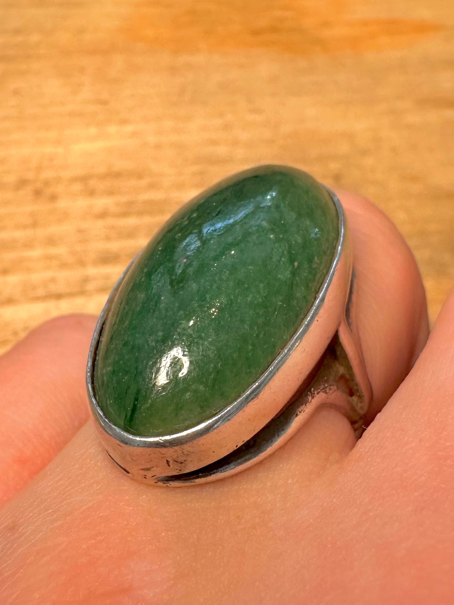 Vintage Elongated Green Stone 925 Silver Size N Ring