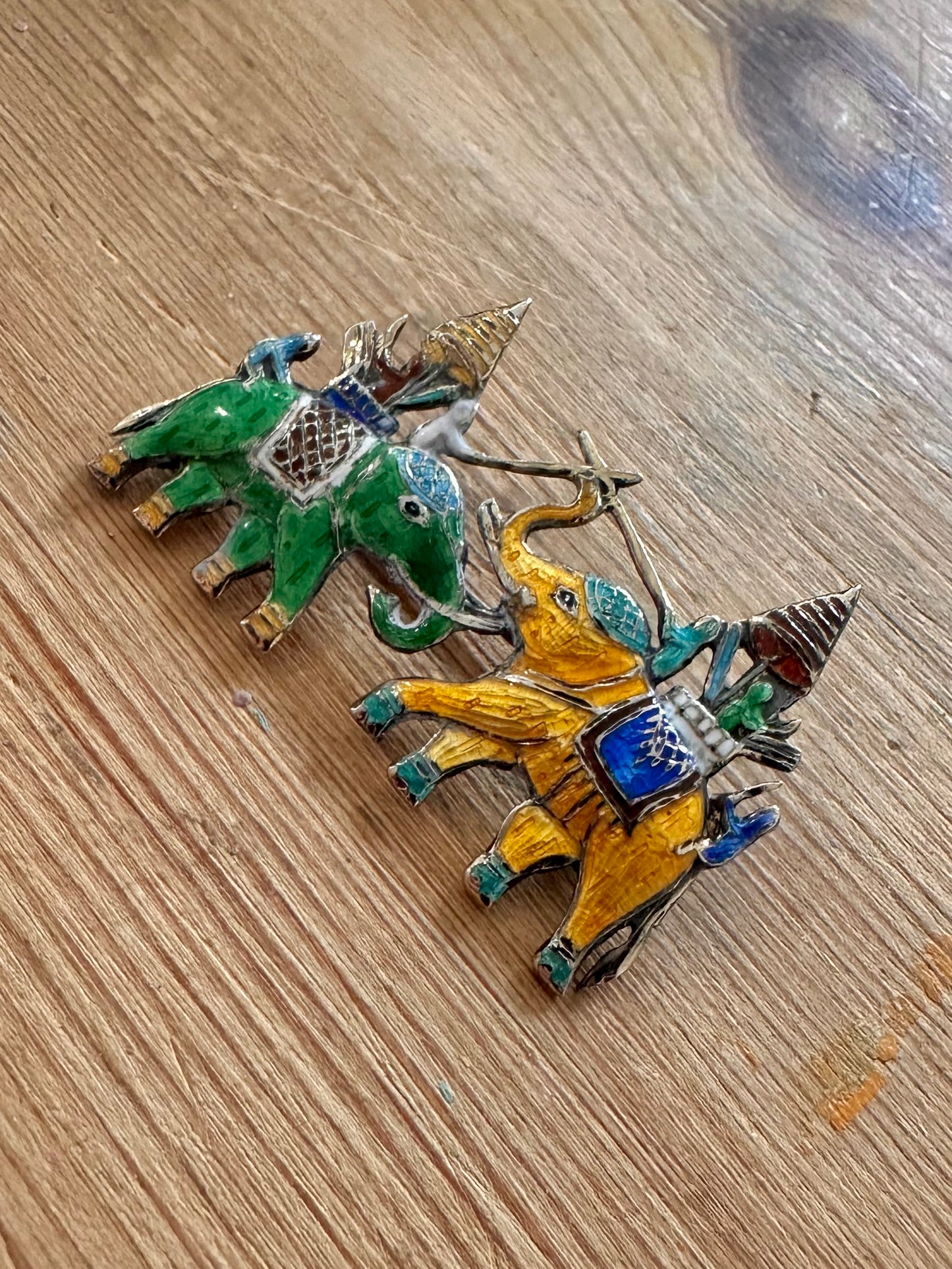 Vintage Siam Enamel Elephant Battle 925 Silver Brooch