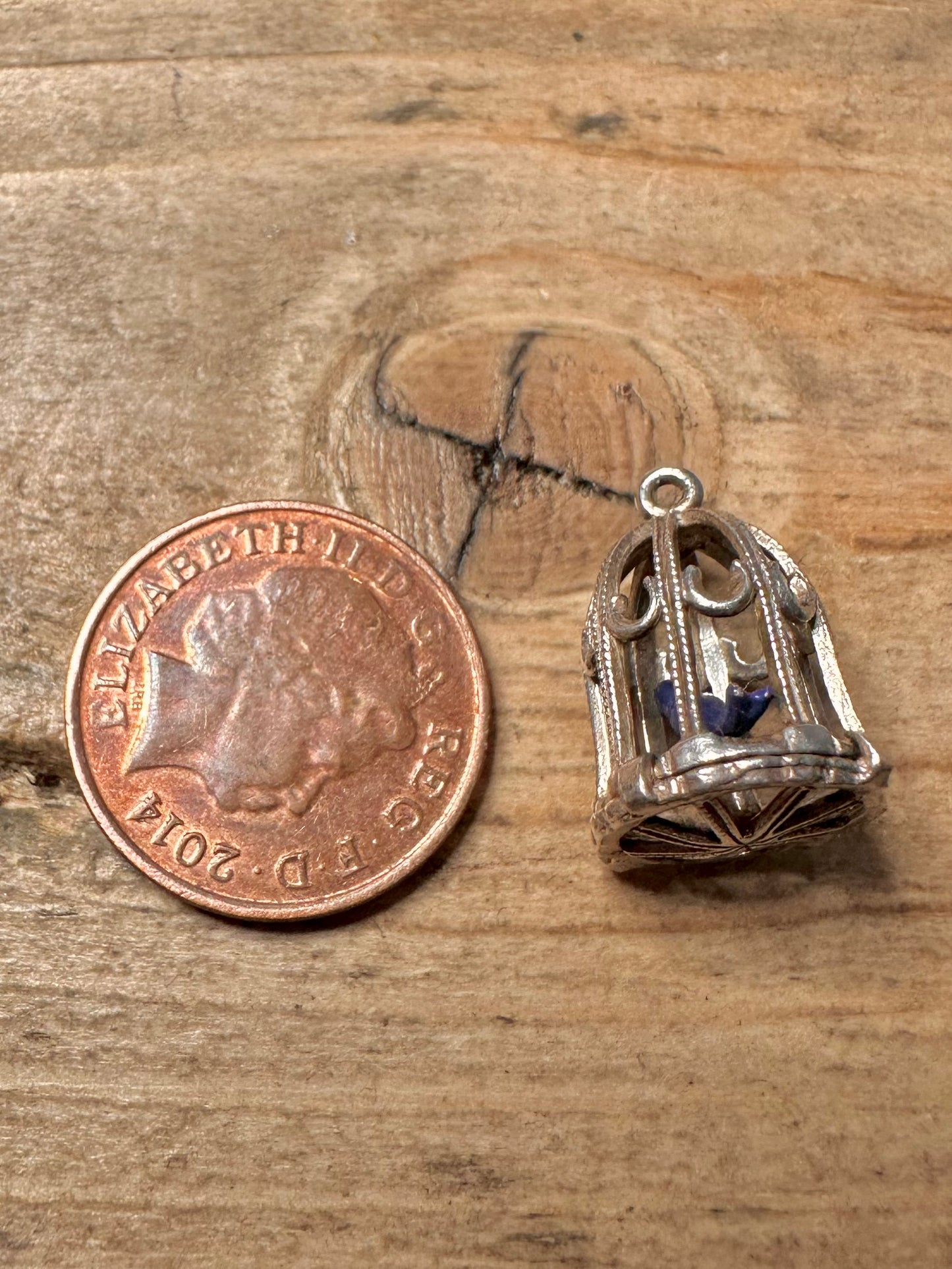 Vintage Enamel Blue Bird in Cage 925 Silver Charm Pendant