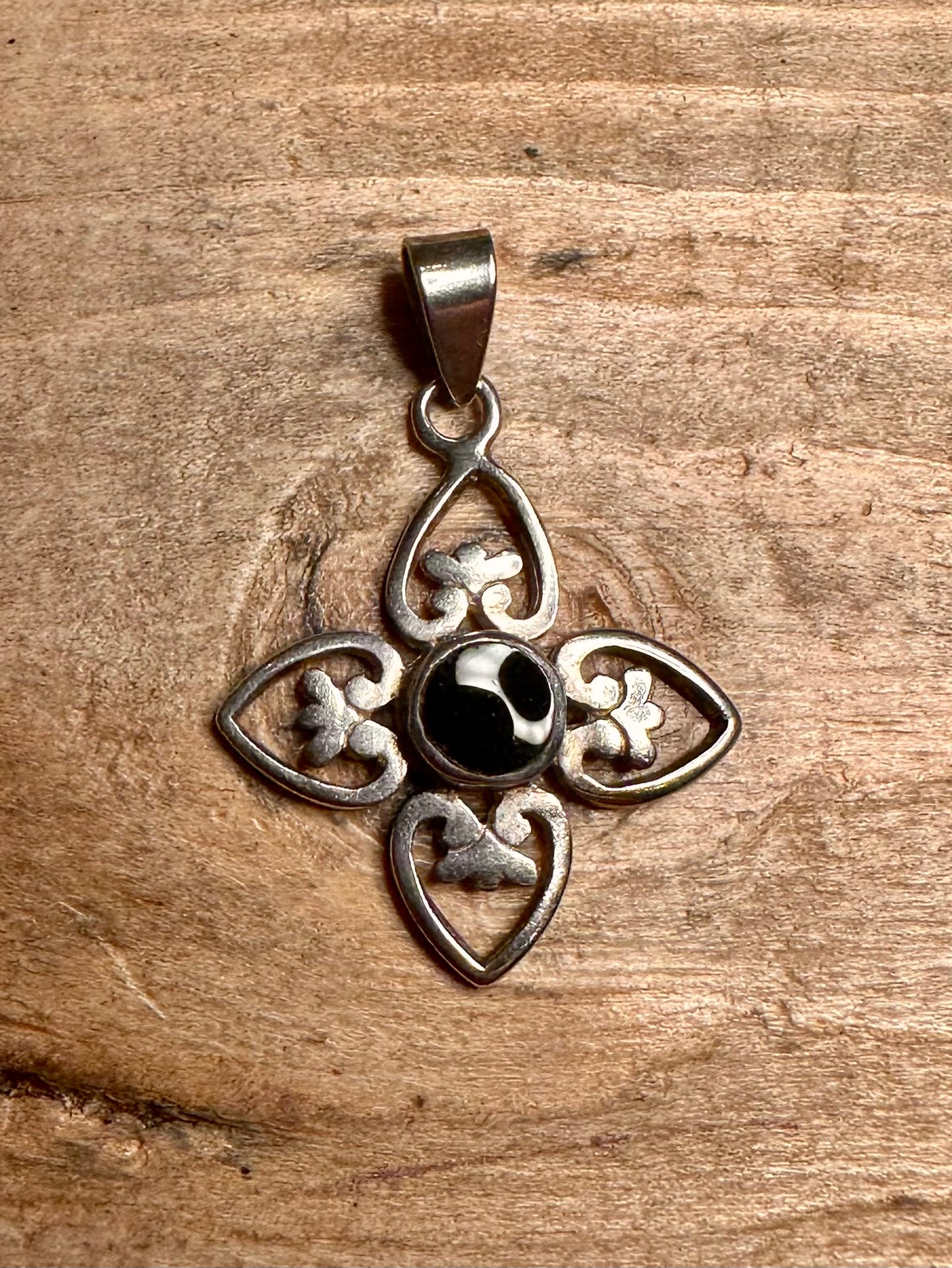 Vintage Cross Black Stone 925 Silver Pendant