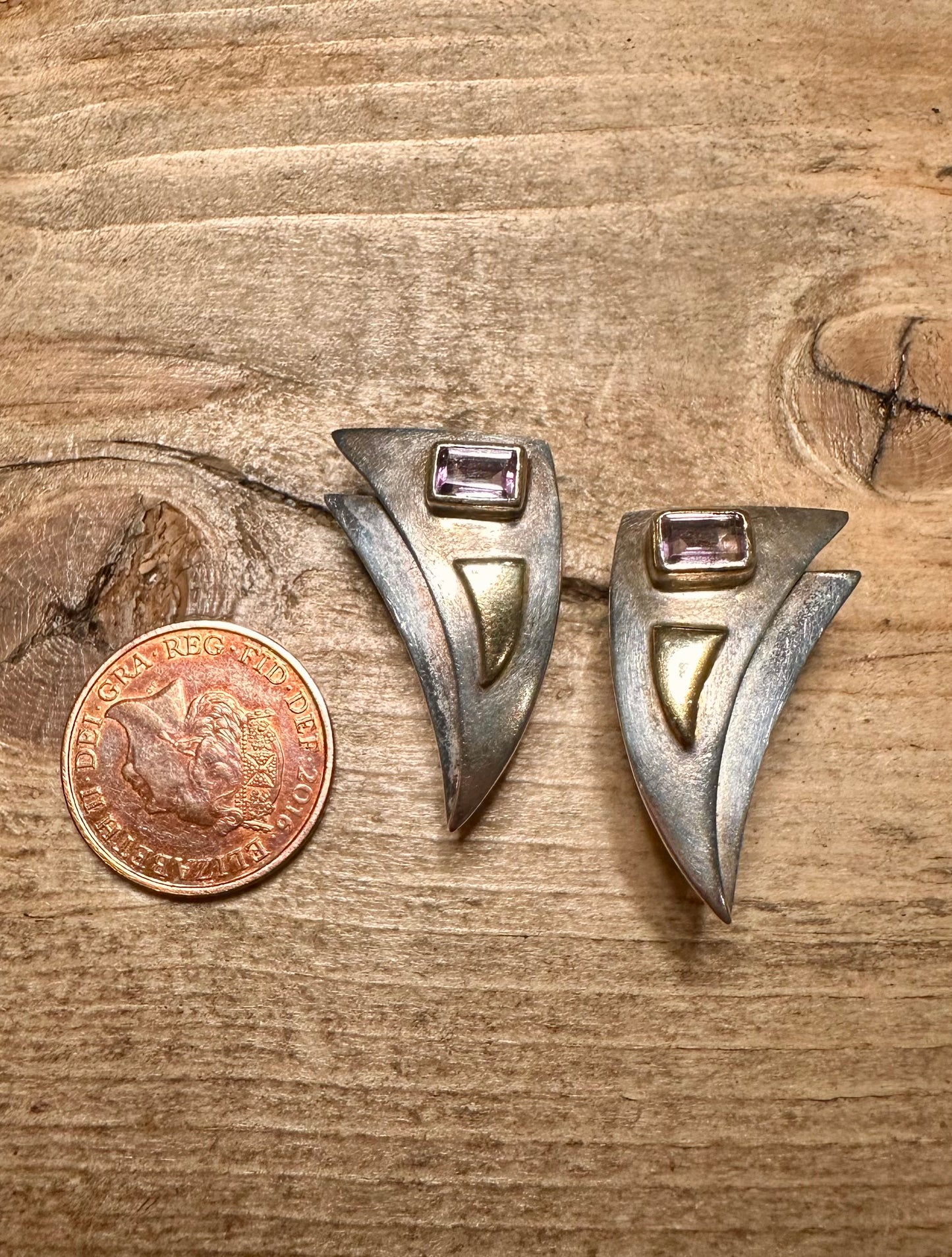 Abstract Amethyst Spike Shape Gold on 925 Silver Earrings