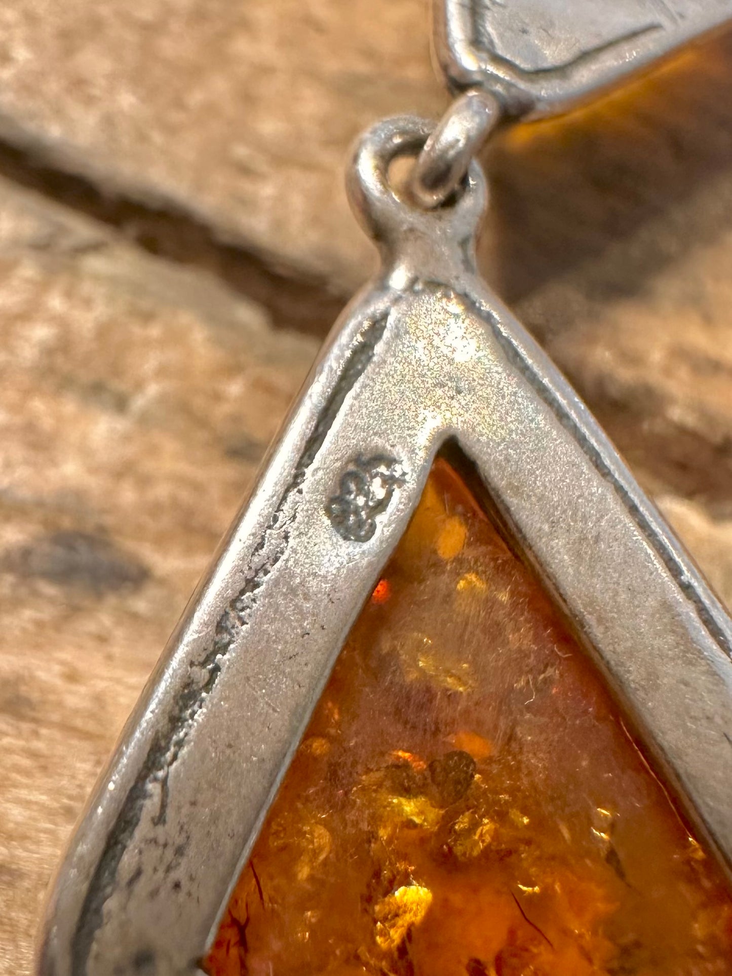 Vintage Amber Diamond Shaped Dangle 925 Silver Earrings
