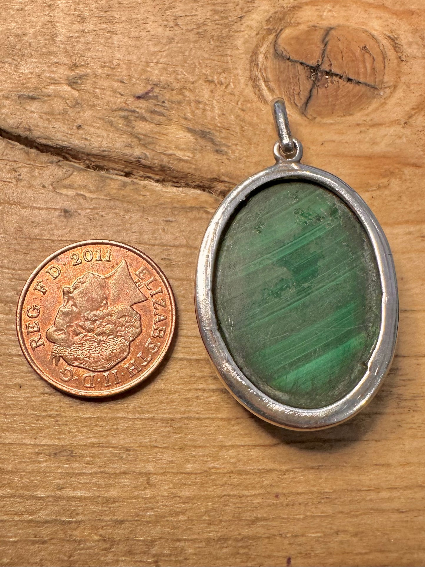 Vintage Malachite Oval 925 Silver Pendant