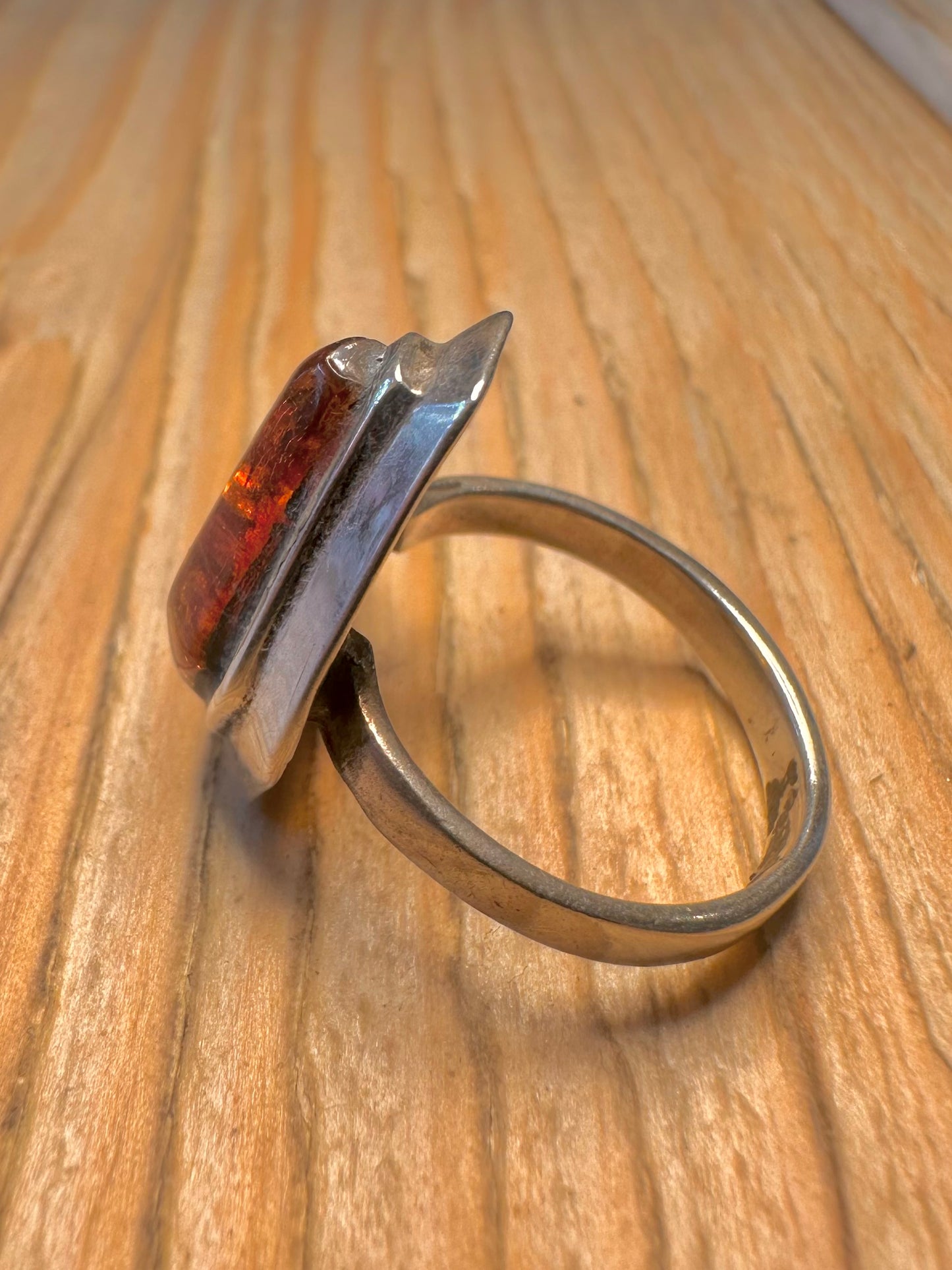 Vintage Abstract Amber 925 Sterling Silver Size N Ring