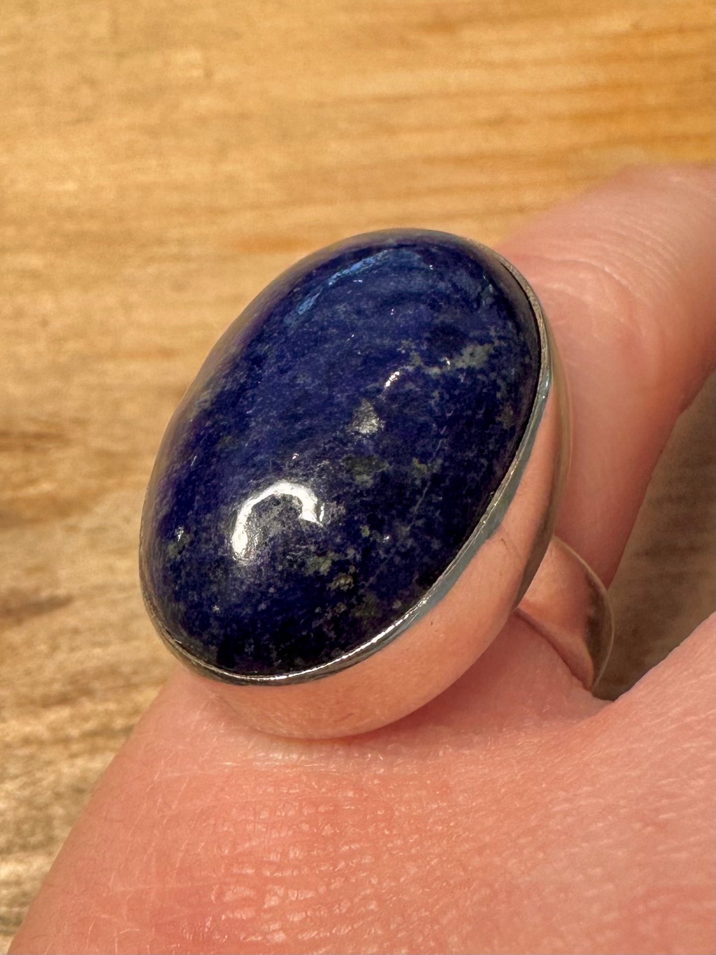 Vintage Large Oval Lapis 925 Silver Size M Ring