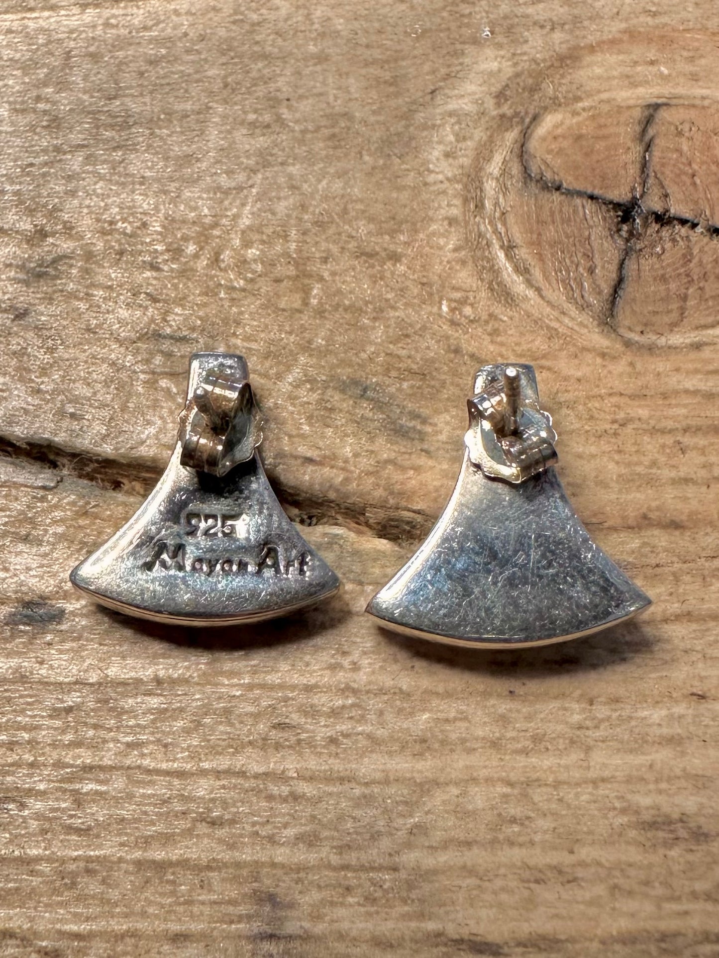 Vintage Mother of Pearl Mayan Art 925 Silver Stud Earrings