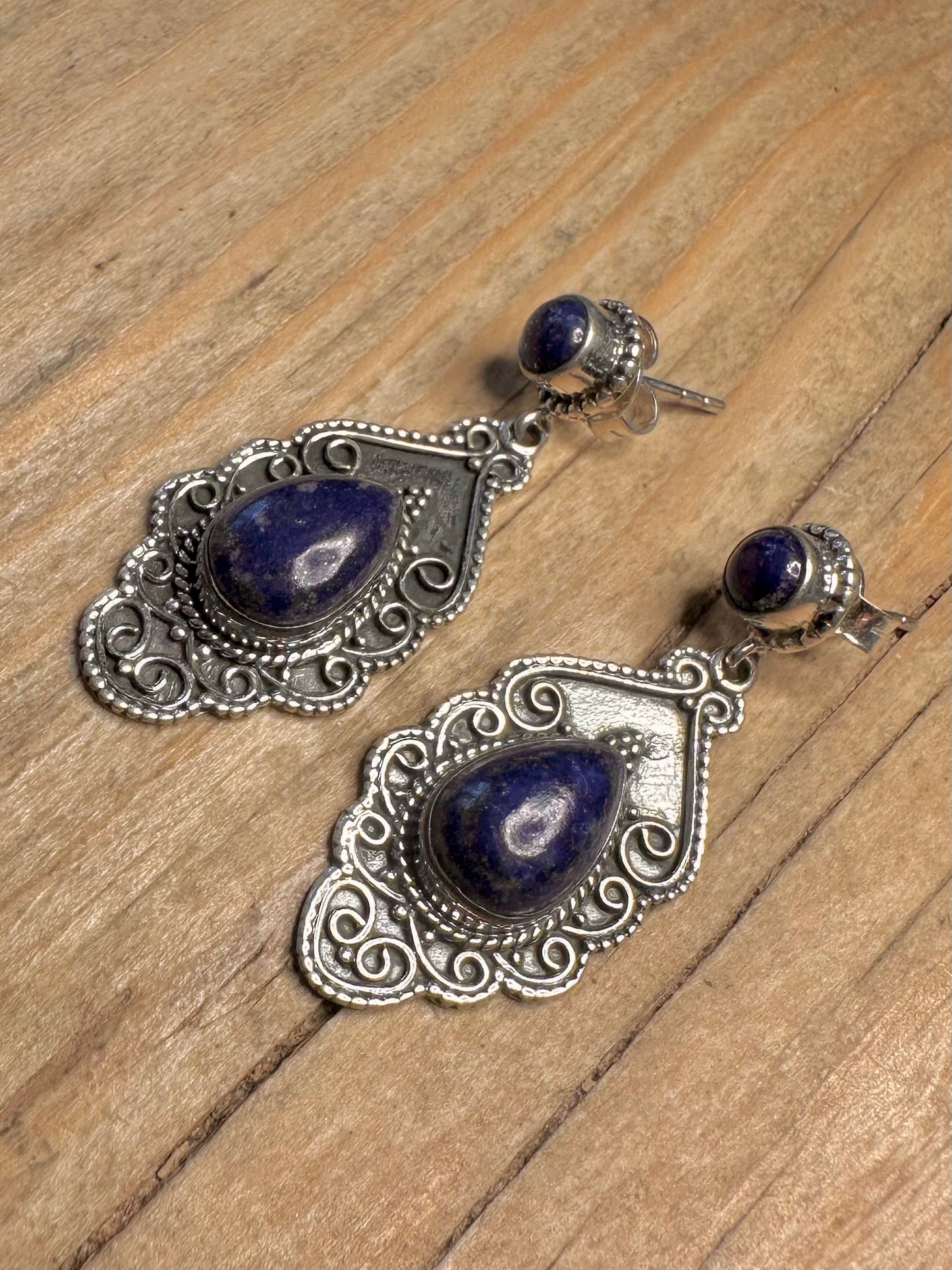 Vintage Lapis Ornate Dangle 925 Sterling Silver Earrings