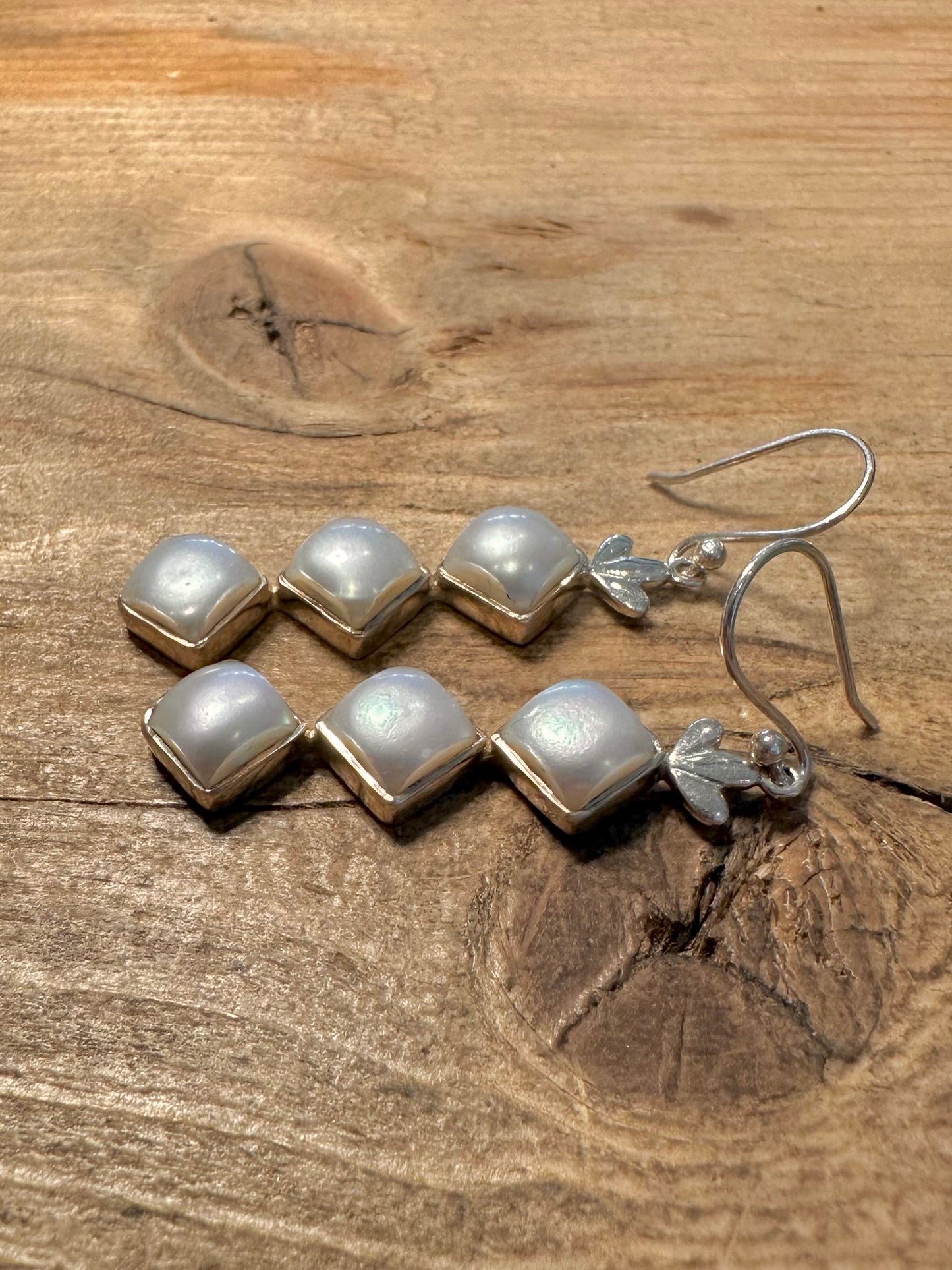 Vintage Pearl Diamond Shaped Dangle 925 Silver Earrings