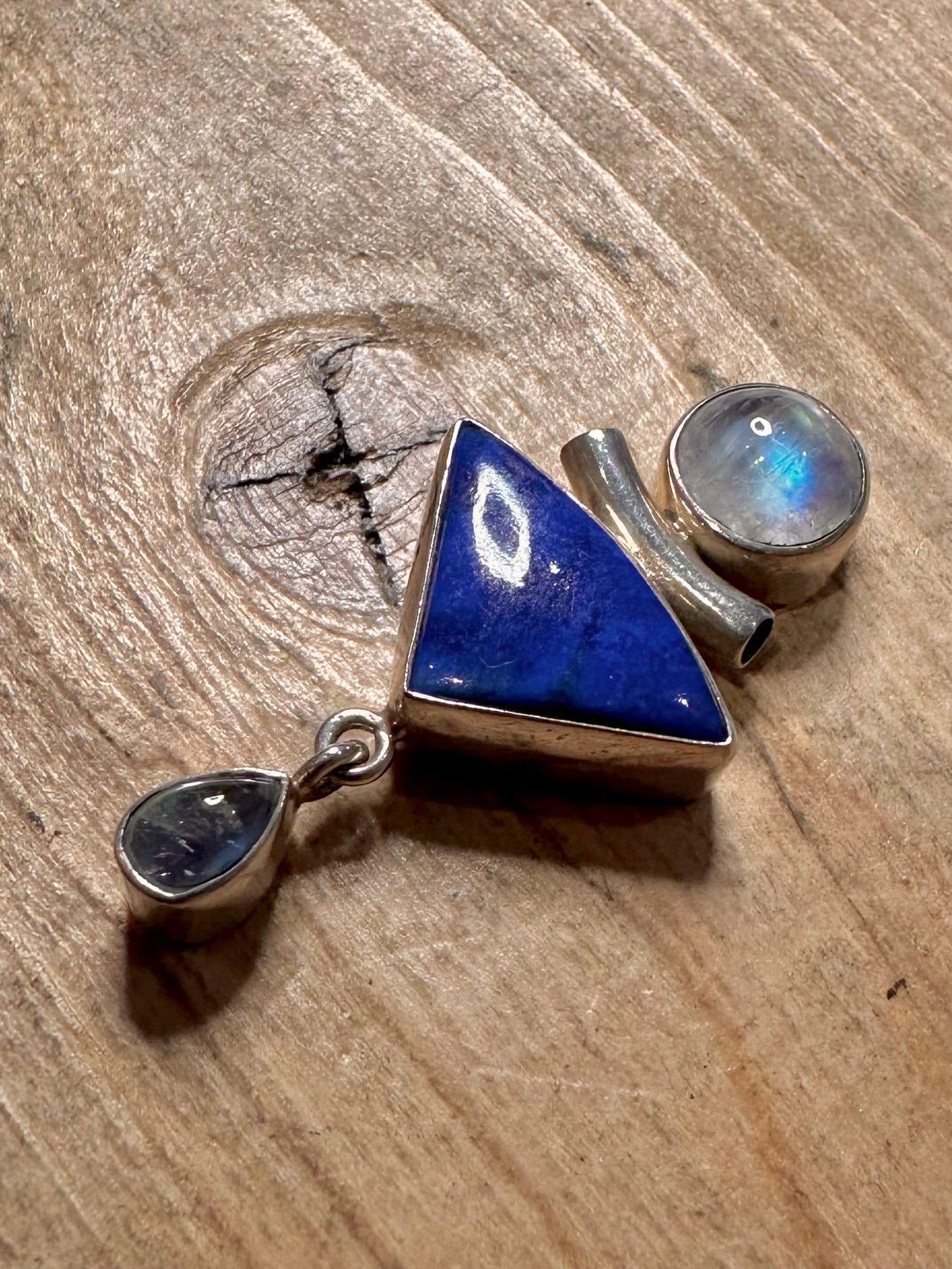 Modern Lapis and Moonstone Abstract 925 Silver Pendant