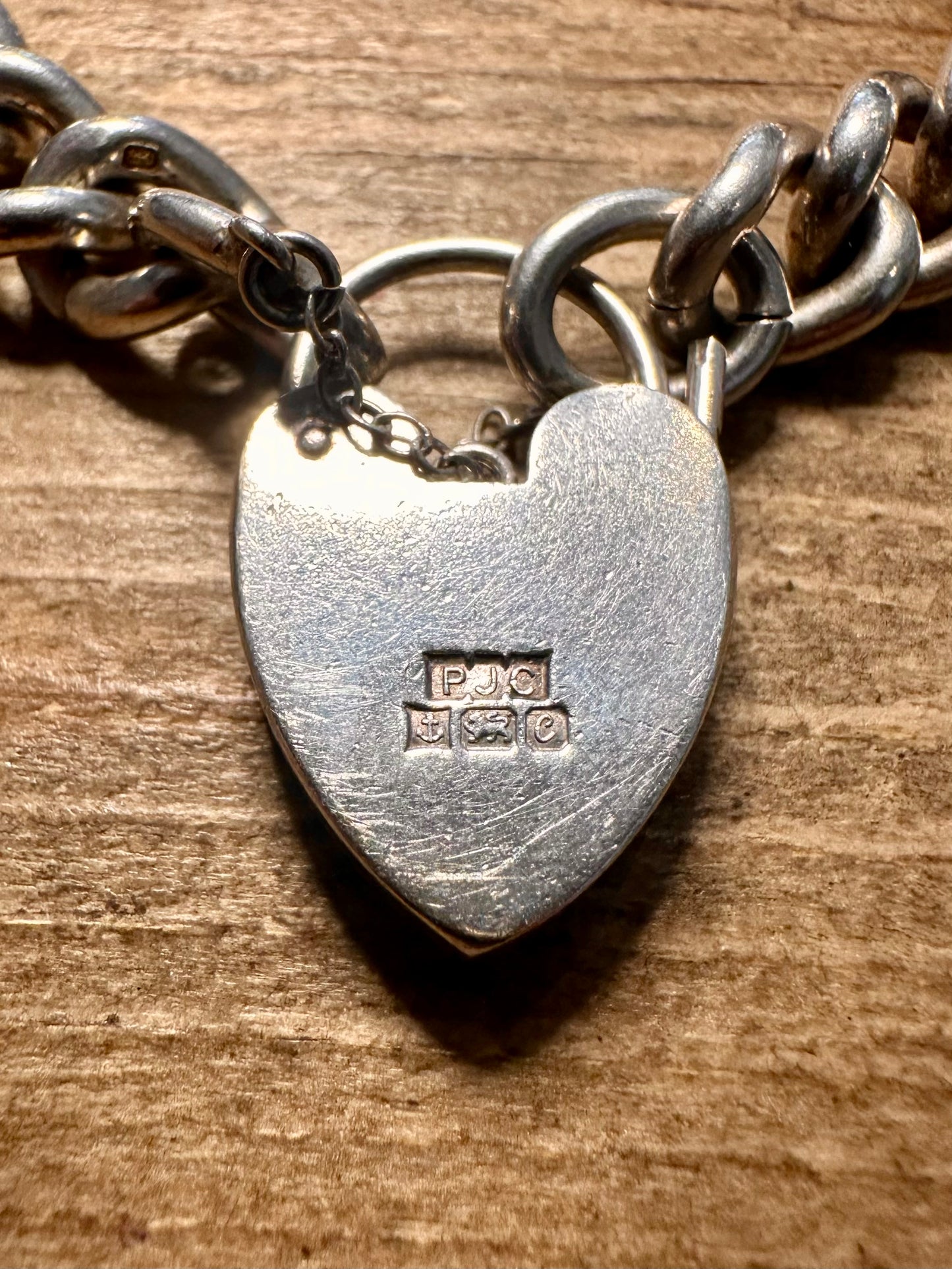 Vintage 1977 Chunky Curb Heart Padlock with Safety 925 Silver Bracelet