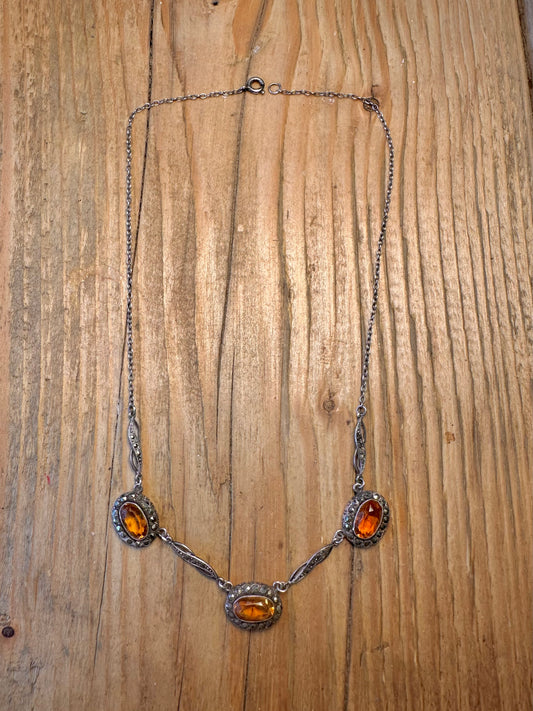 Art Deco Style Citrine Marcasite 925 Sterling Silver 15.25 inch Necklace