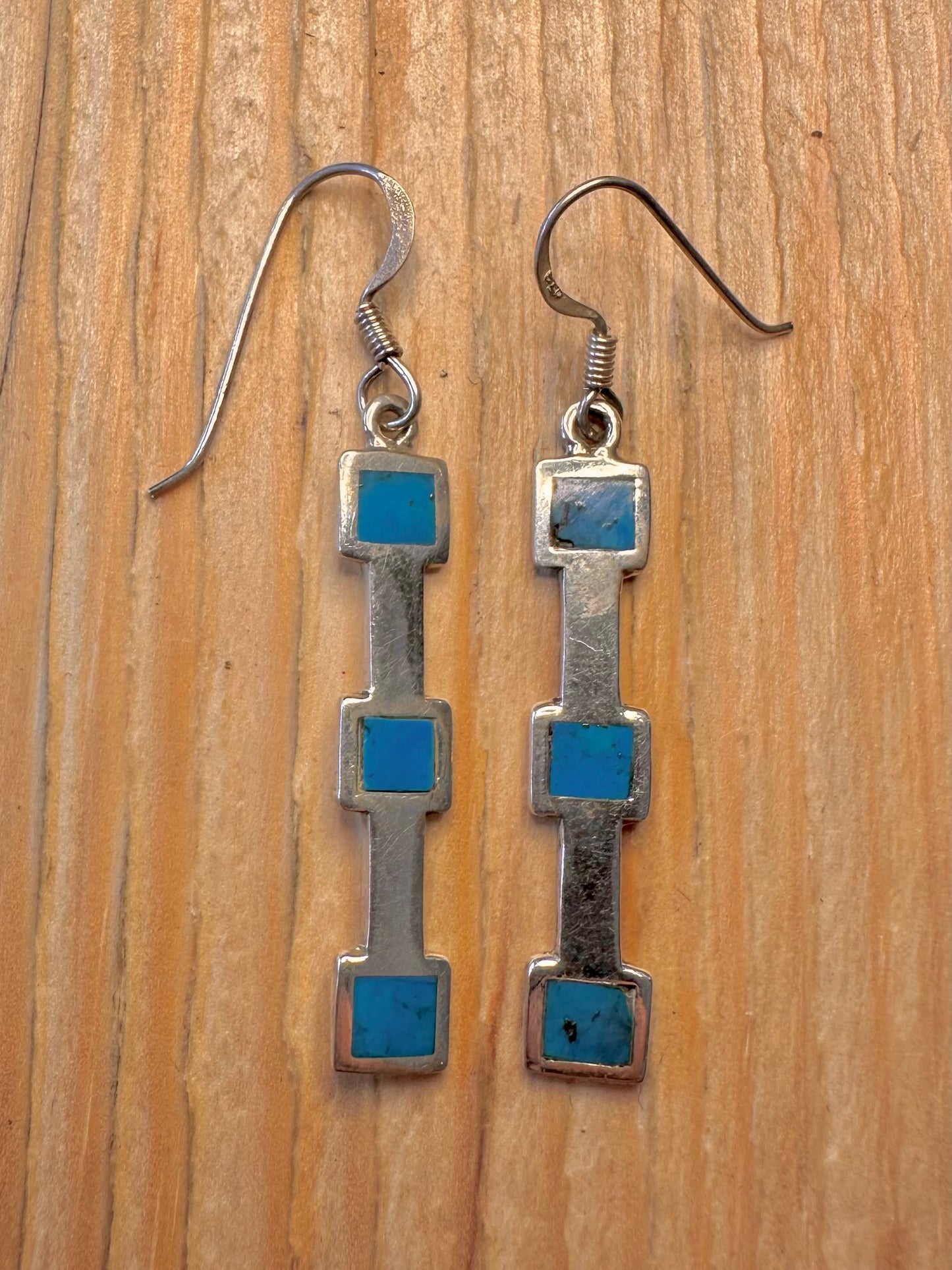 Vintage Abstract Turquoise Inlay Rectangle 925 Silver Earrings