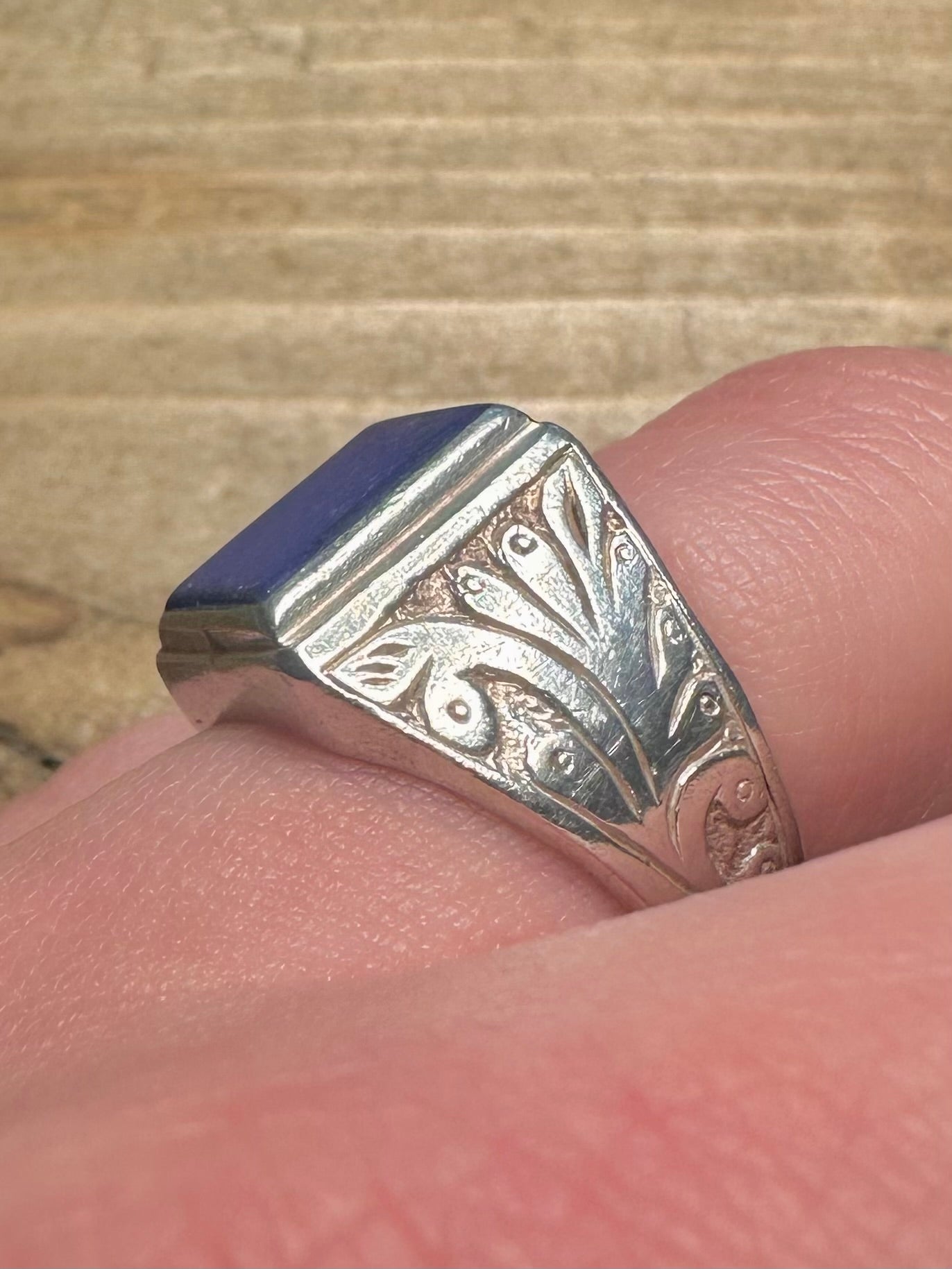 Vintage Lapis Signet Engraved 925 Silver Size Q Ring