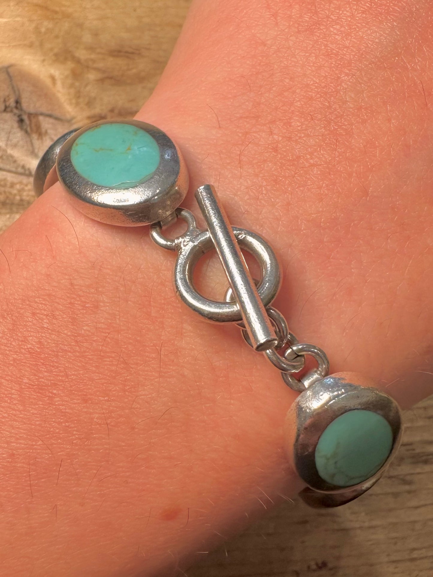 Vintage Polished Turquoise Oval Heavy Links T Bar 925 Silver Mexico Bracelet