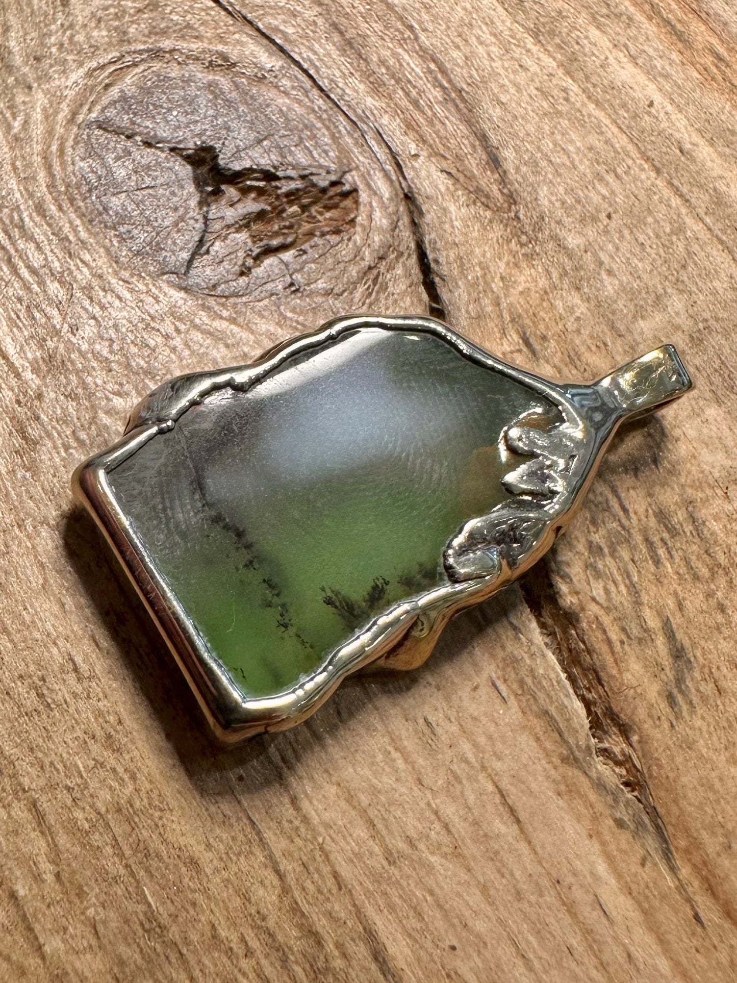 Handmade Green Dendritic Agate 925 Silver Gold Pendant