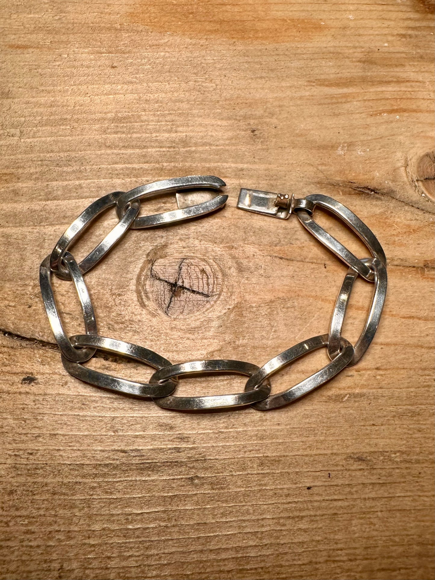 Abstract Long Link 925 Silver Mexico 7.5 inch Bracelet