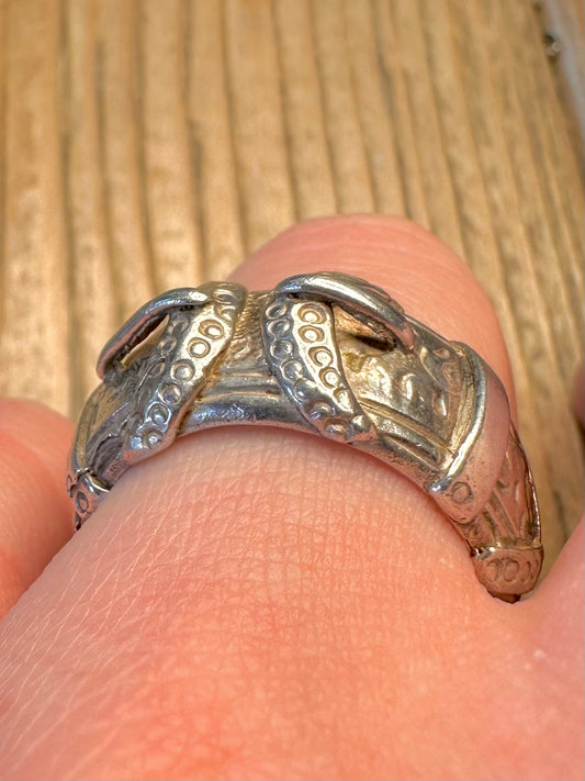 Double Buckle Engraved Solid 925 Sterling Silver Size T Ring