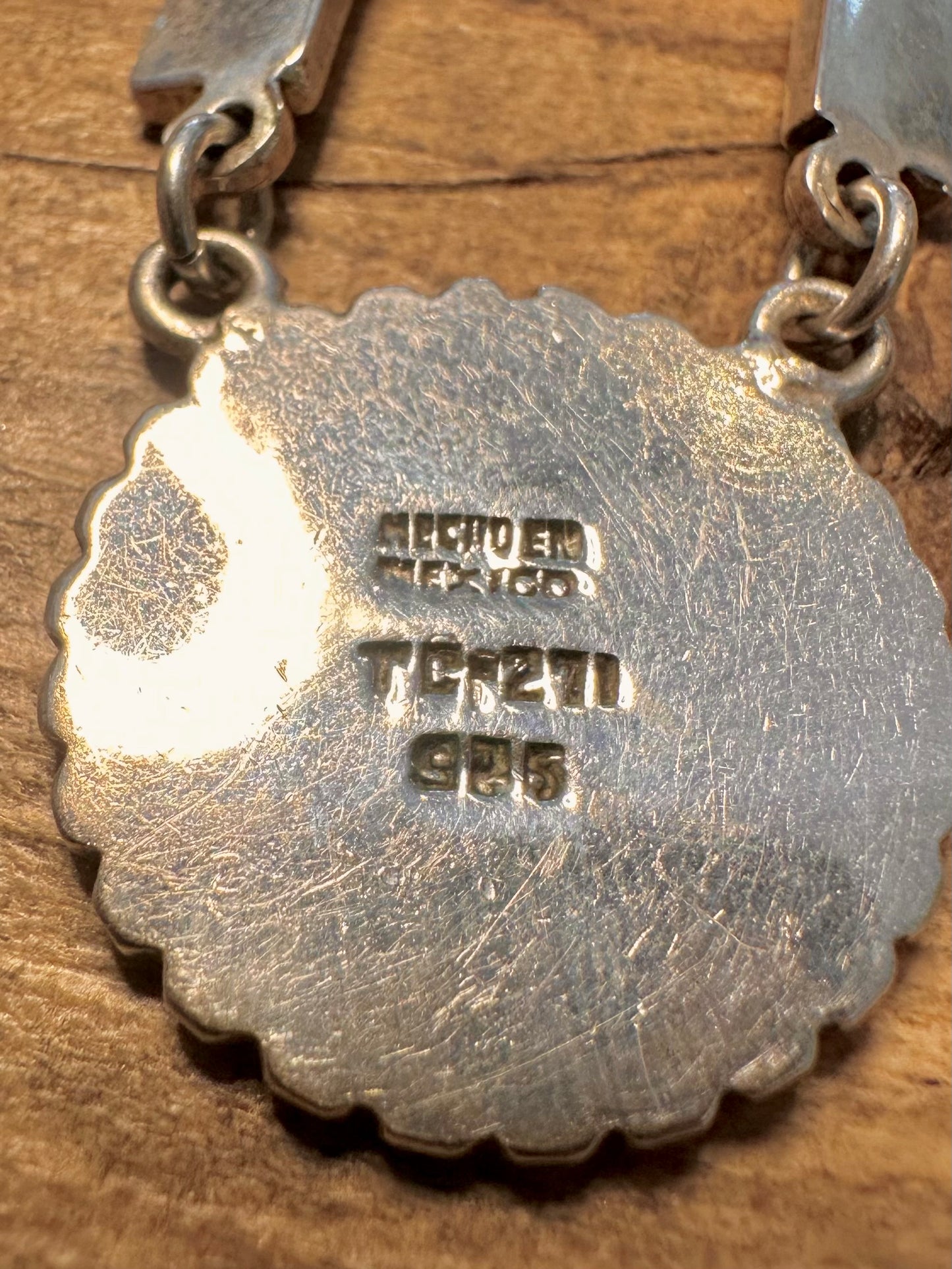 Vintage Taxco Aztec Calendar Turquoise Inlay 925 Silver 14.3 inch Necklace