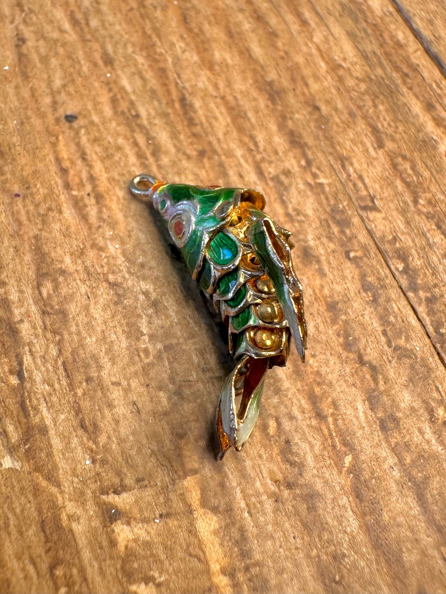 Green Enamel Articulated Moving Fish Gold Plated Metal Pendant