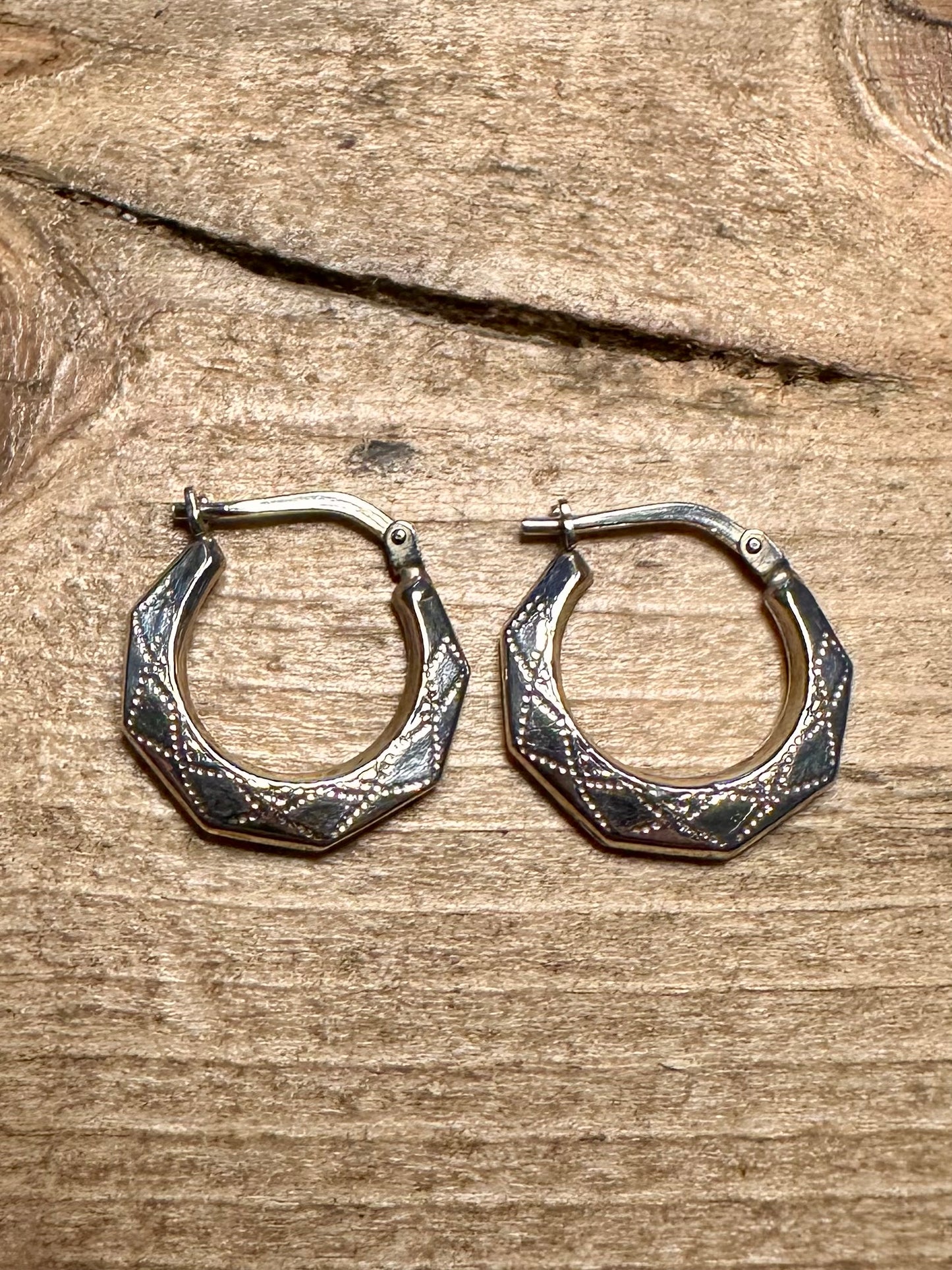 Vintage Engraved Octagon Hoops 925 Silver Earrings