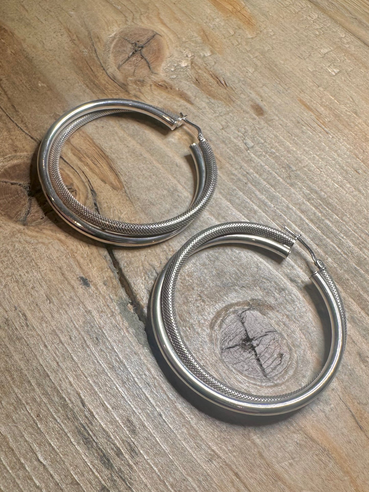 Vintage Textured Large Hoops 925 Silver Earrings